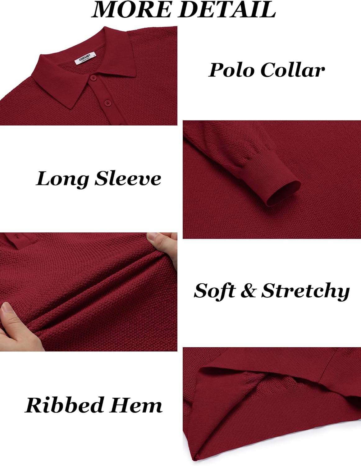 COOFANDY Mens Knit Polo Shirts Long Sleeve Casual Polo Sweaters Shirt Waffle Textured Collared Sweater - Image 5