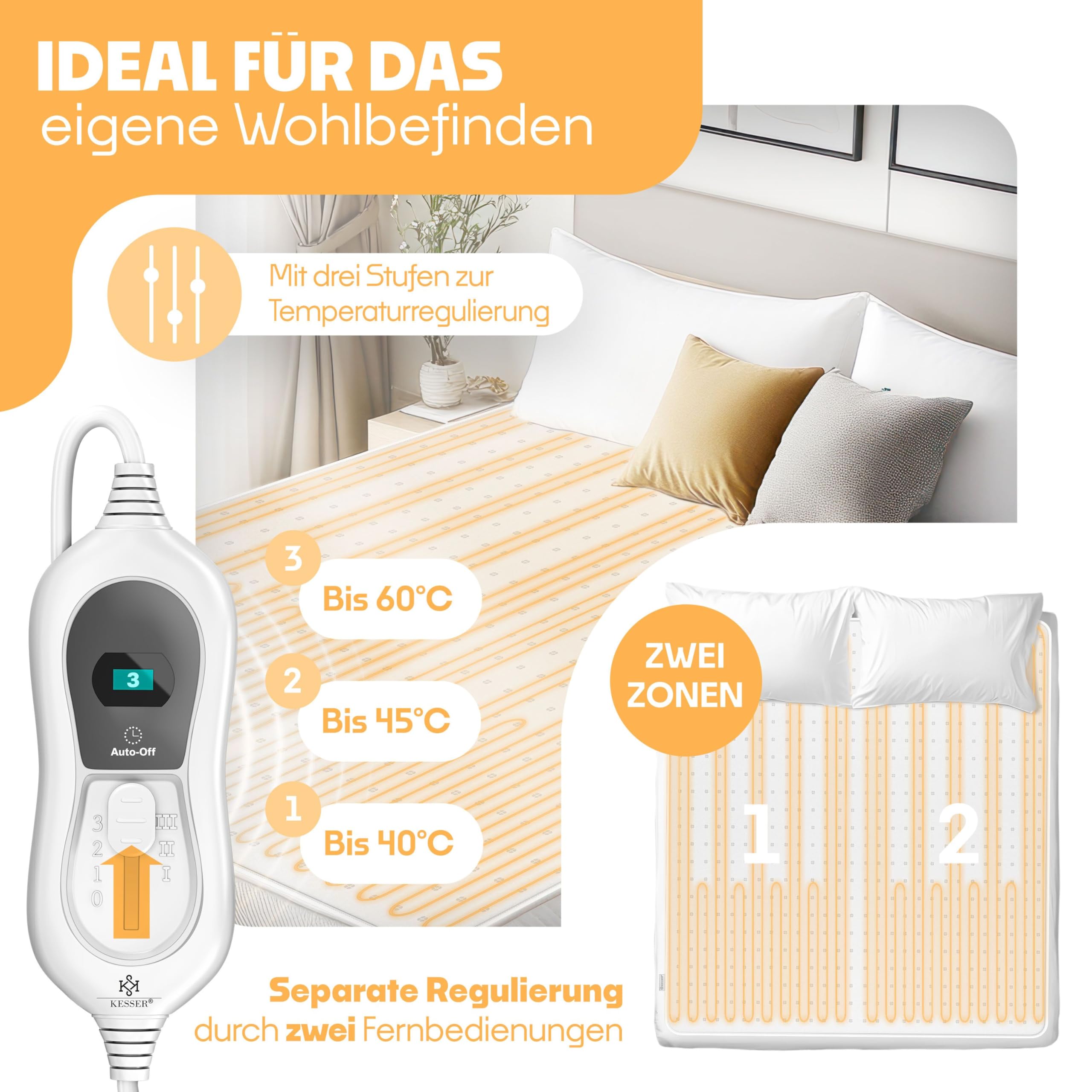 KESSER® Doppel-Wärmeunterbett 160x140cm mit Abschaltautomatik 2 Temperaturzonen Fernbedienung | Heizdecke mit 3 Temperaturstufen | Wärmebettunterlage fürs Bett | Wärmedecke aus weichem Vlies Weiß