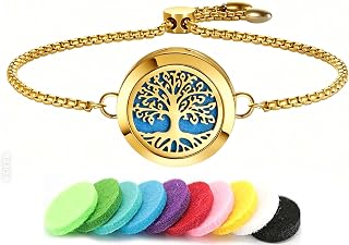 Aromatherapy Essential Oil Diffuser Bracelet, Tree of Life Pattern Locket Adjustable Link for Women Birthday Jewelry Gifts Trendy for Wife Mothers (Gold)