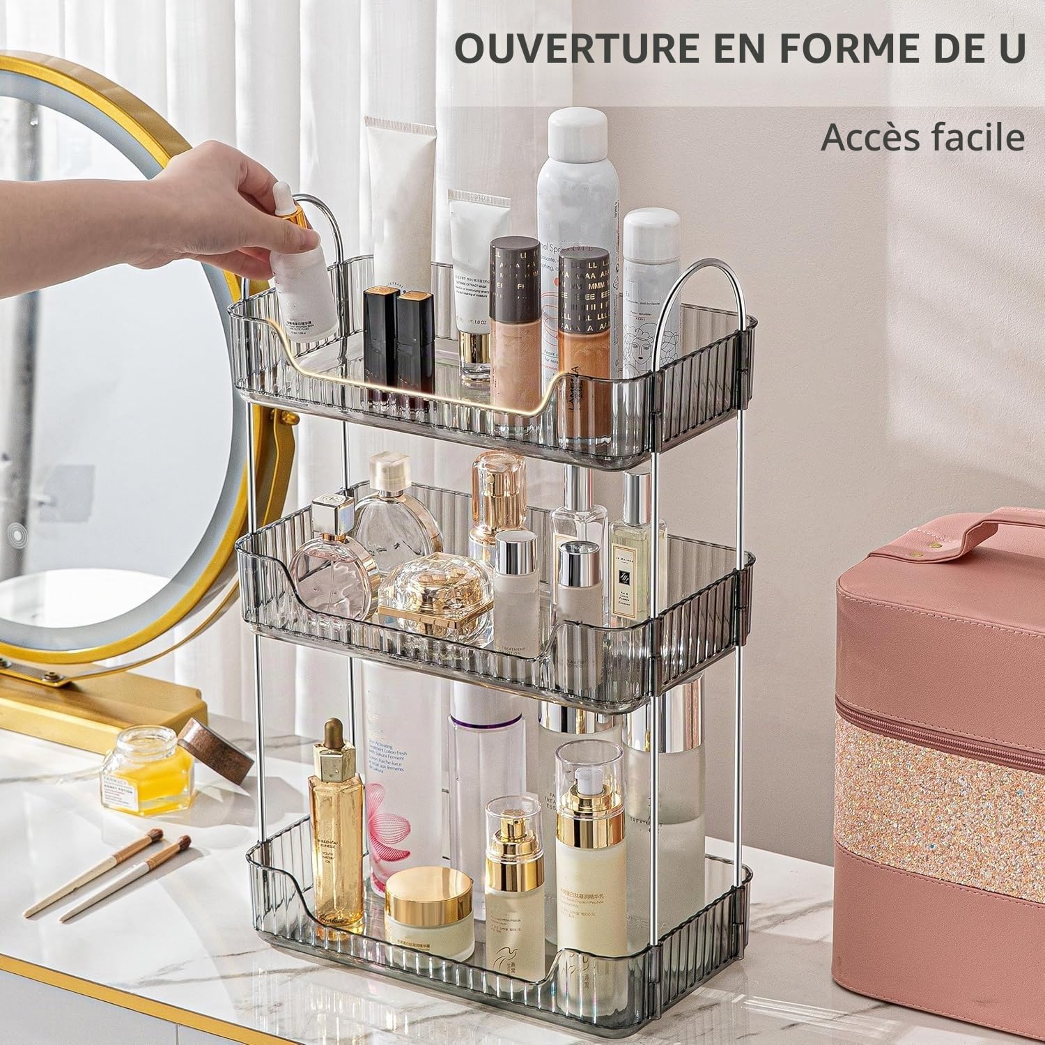 CESTATIVO Organisateur Maquillage, Rangement Maquillage, Organisateur de Cosmétiques, Présentoir Cosmétique, Organisateur de Parfum (Gris, 3 Couches)