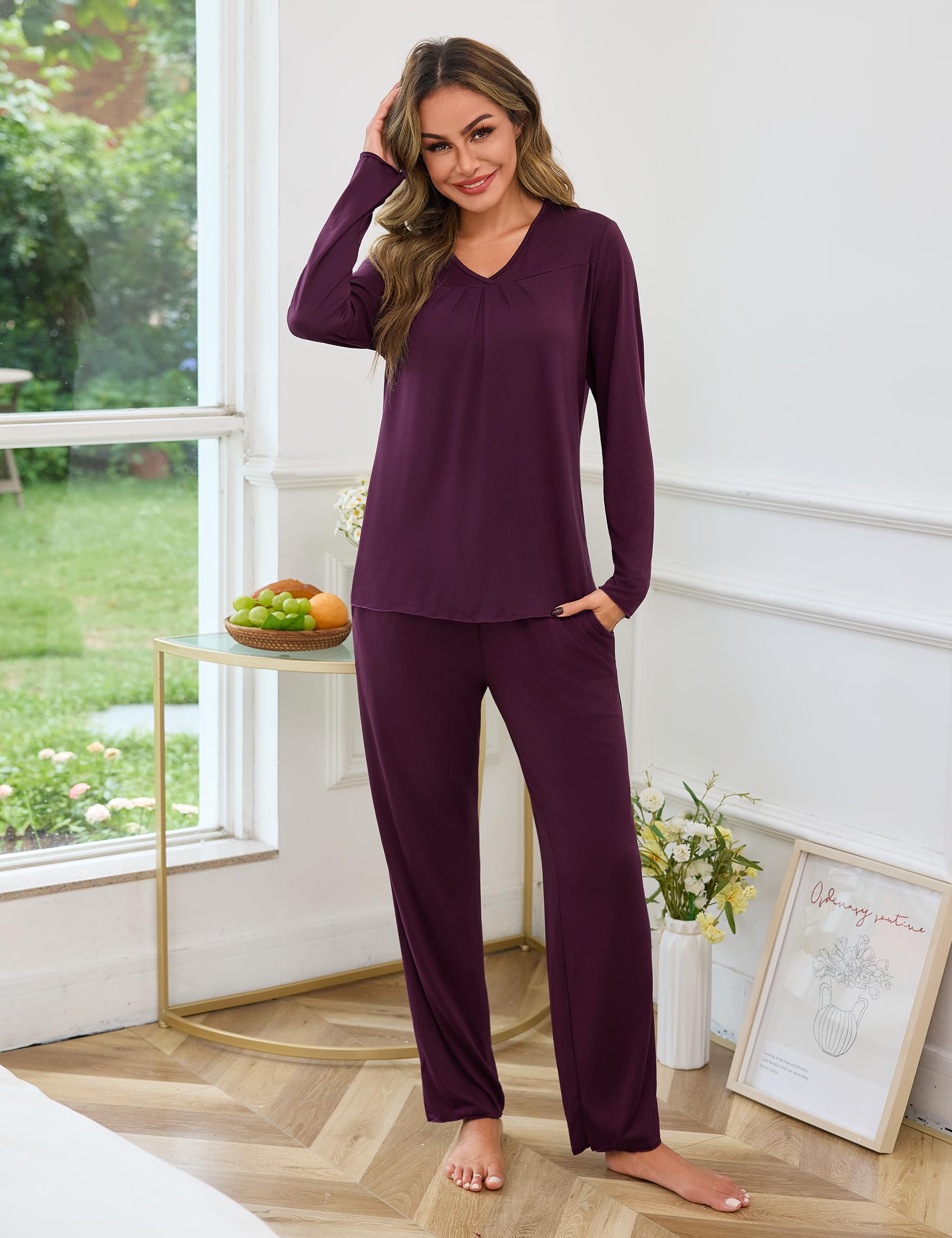 Uniexcosm Pigiama Lungo da Donna in Cotone Invernale Pigiami Due Pezzi da Donna con Tasche