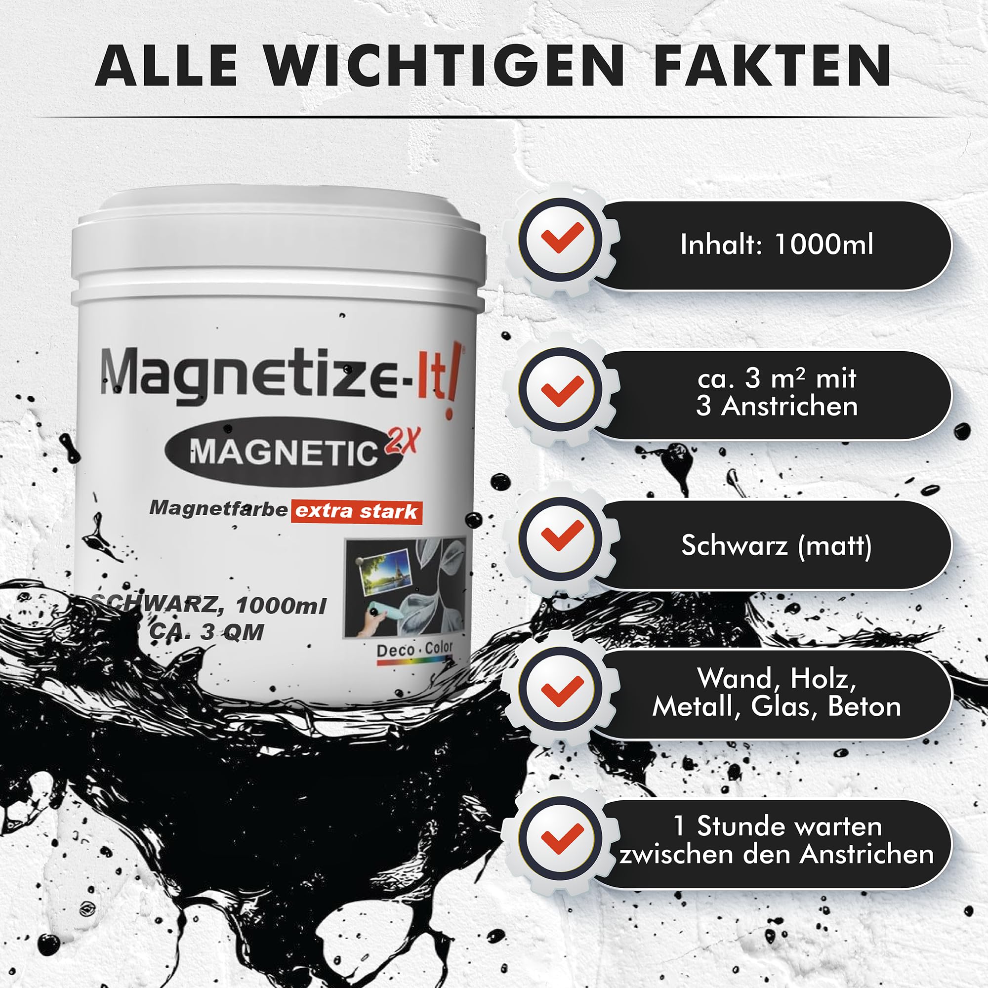 Farba magnetyczna, bardzo mocna, nadaje się do malowania kredą i magnesem (szara, 1000 ml) - farba tablicowa magnetyczna na ścianę ok. 3 m² - magnetyczna farba ścienna - lakier tablicowy