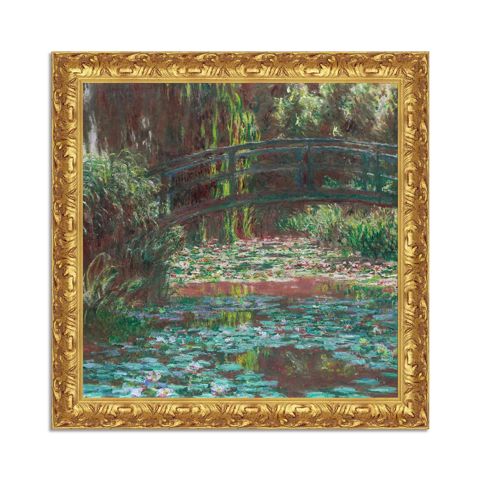 LuxHomeDecor Claude Monet – Bassin aux nymphéas – Tableau impression sur toile effet peinture avec cadre en bois doré baroque classique - 80x80 cm