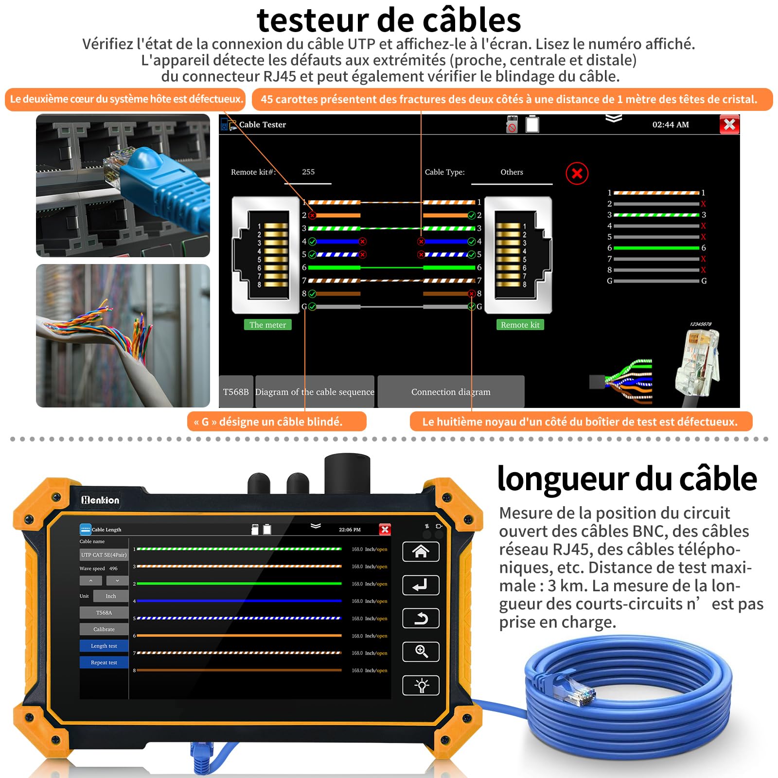 Henkion OTDR Testeur de fibre optique 1610 nm 26 dB Testeur de fibre optique 1310/1490/1550/1577 nm Test de fibre optique OPM LS OLS, Event Map, Testeur de câble, outils réseau, 8 types d'adaptateurs