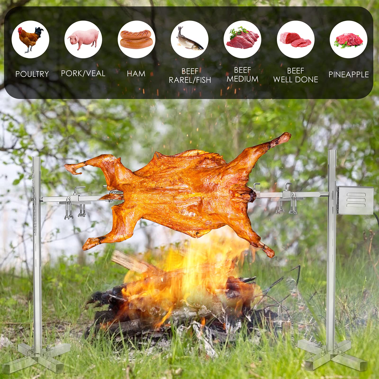 Girarrosto elettrico per barbecue, motore 15W a rotazione 360°, altezza regolabile 38-62 cm, spiedo in acciaio inox per maialino, agnello e tacchino, portatile per esterni e campeggio