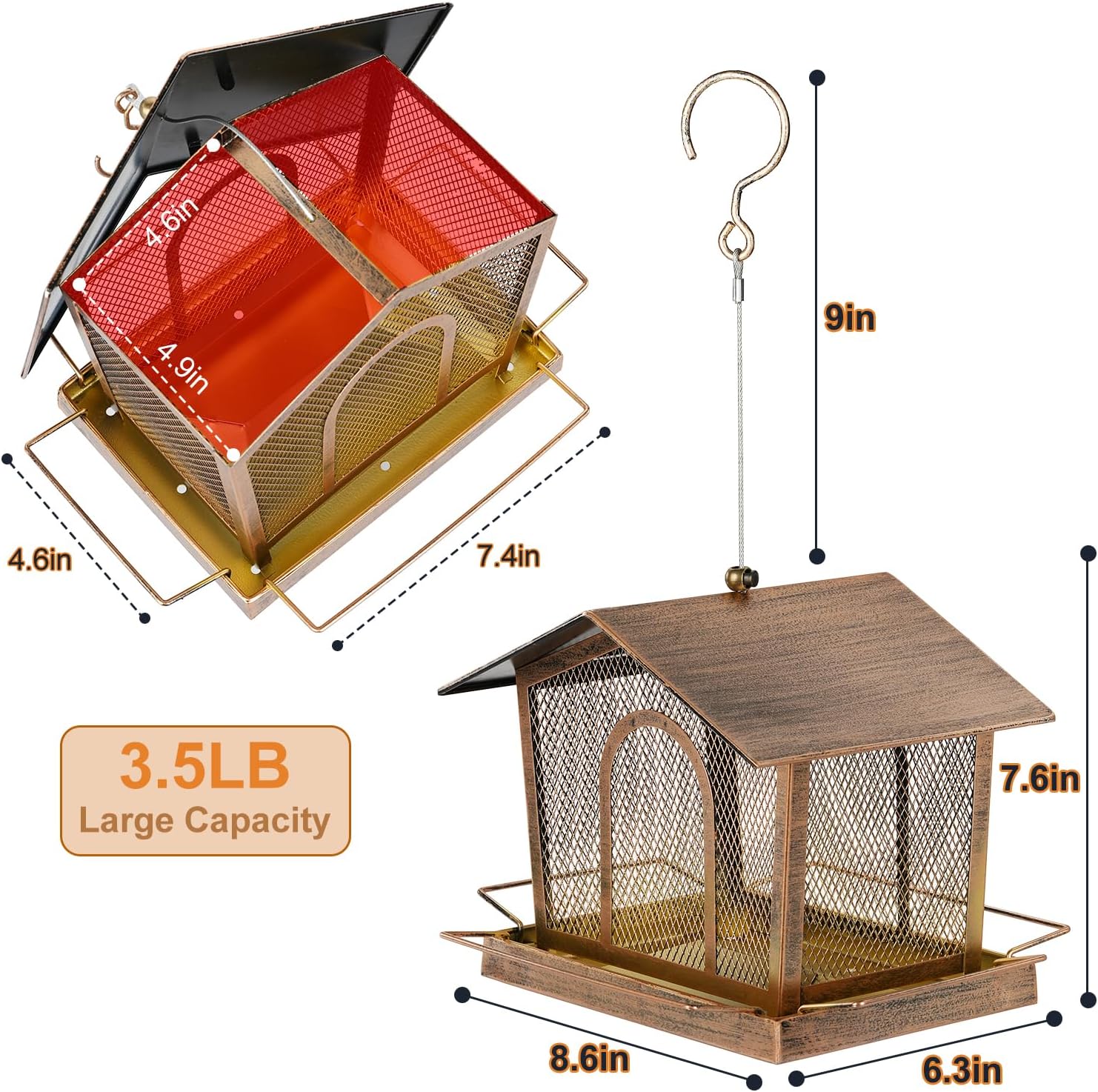 LBTING Bird Feeder for Outside, Metal House-Shaped Bird Feeder, Squirrel Proof Wild Bird Feeders for Hanging Outdoor Garden Yard - Gold