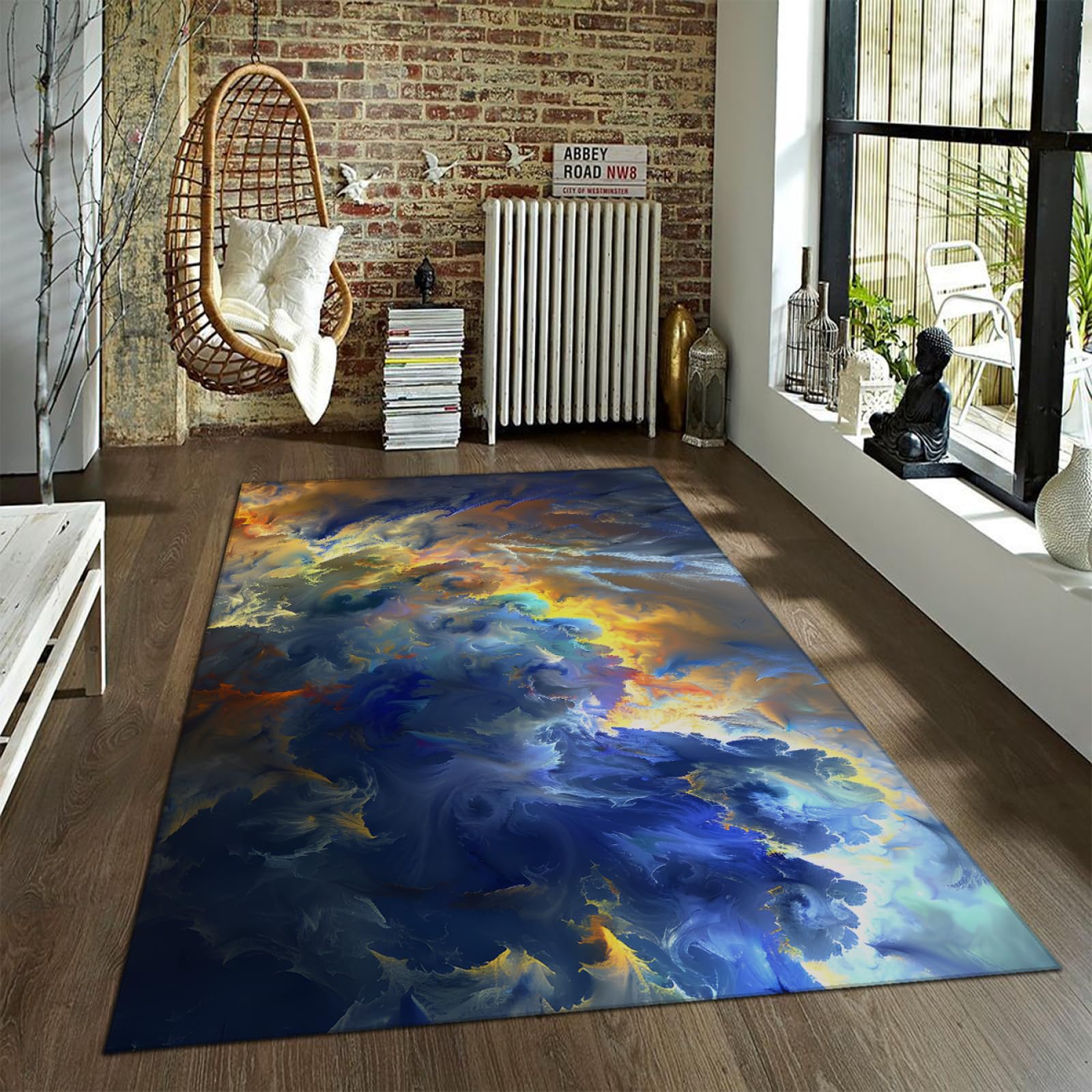 Tapis bleu et doré facile à nettoyer Flaming Clouds tapis moderne abstrait