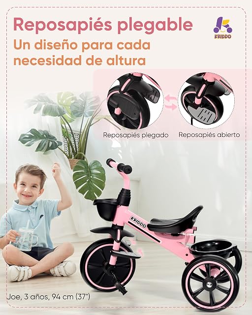 Foto 5 de 6 de KRIDDO Triciclo Evolutivo, 1,5 a 5 Años, Barra de Empuje Ajustable, Rosa