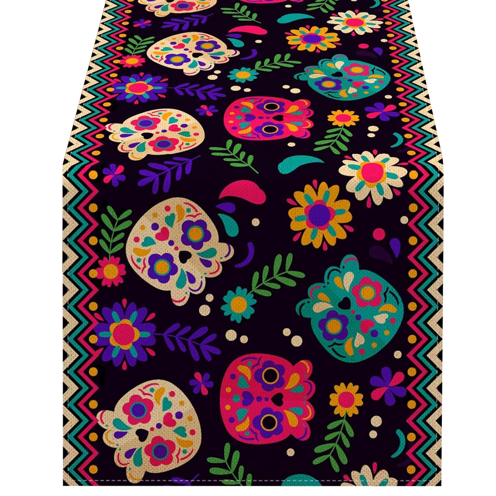 Yhplxyuus Mexico Flower Table Runner Halloween Skull Day of the Dead Tablecloth Party Dining Table Cover for Kitchen Home Decor Mexico Runners for Party