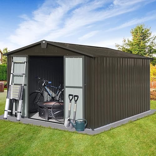 EMKK Cobertizo de almacenamiento para exteriores de 10 x 8 pies con puertas con cerradura, cobertizo de jardín de metal versátil de 10 x 8 pies con