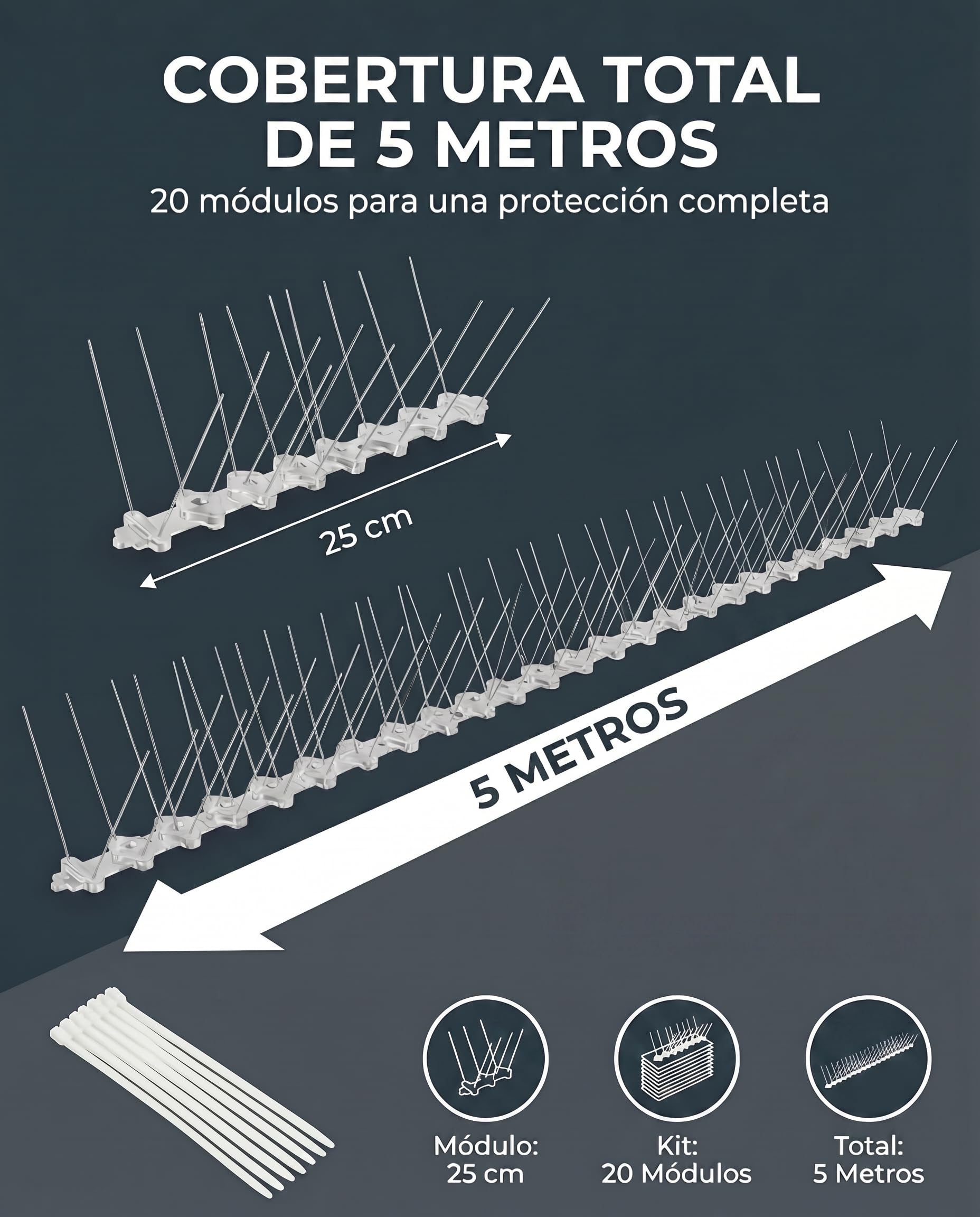Pinchos Antipalomas - 5 m con 20 Módulos de 25 cm - Ahuyentador Palomas en Acero Inoxidable - Espanta Palomas con 40 Bridas - Antipalomas para Balcon, Tejado, Cornisa