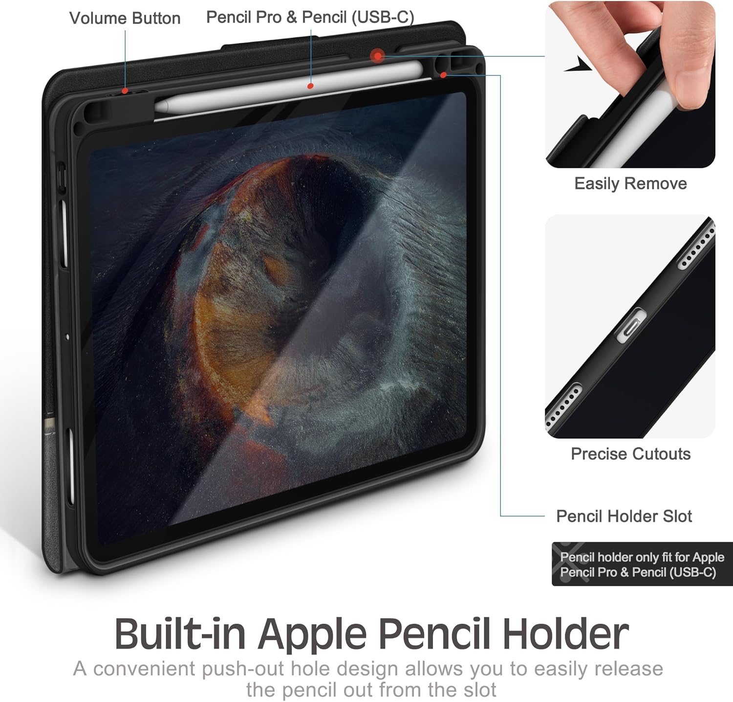 KingBlanc Case for iPad Pro 13 inch (M5 2025/M4 2024) with Pencil Holder, Vegan Leather Stand Cover, Auto Sleep/Wake, Support Pencil Pro/(USB-C), Viewing/Writing Angles, Vintage Notebook Style, Black