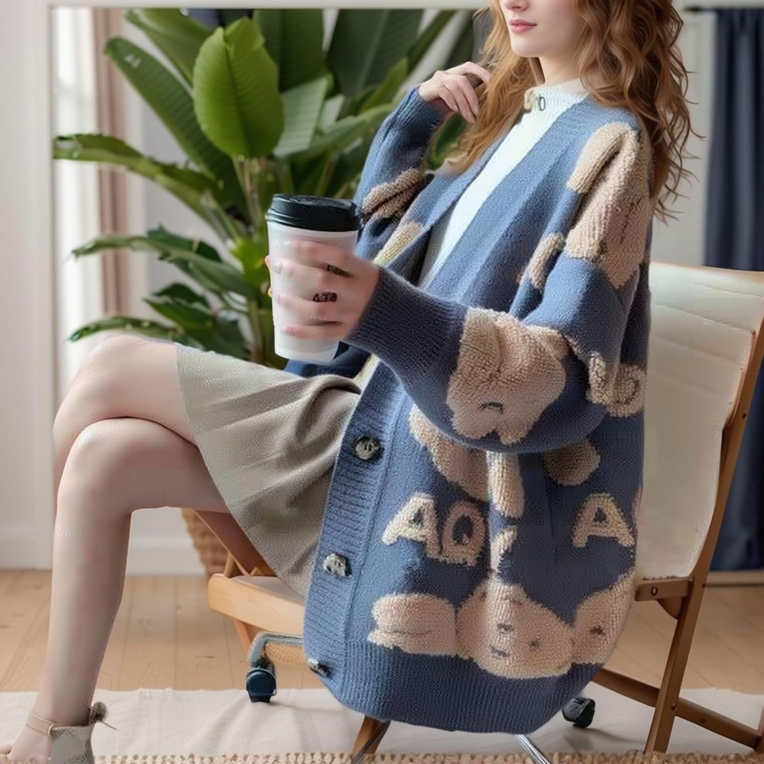 Chevara Women’s Cute Bear Knitted Cardigan Long Sleeve Button Up Fuzzy Bear Cardigans Sweaters - Image 5