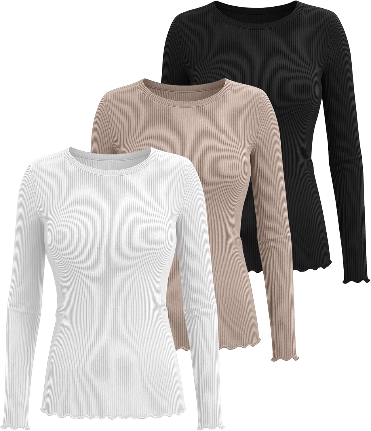3 Pack Women's Long Sleeve Shirts Ribbed Cotton Slim Fit Crew Neck Tops Layering Lettuce Trim Basic Tee Winter - Image 2