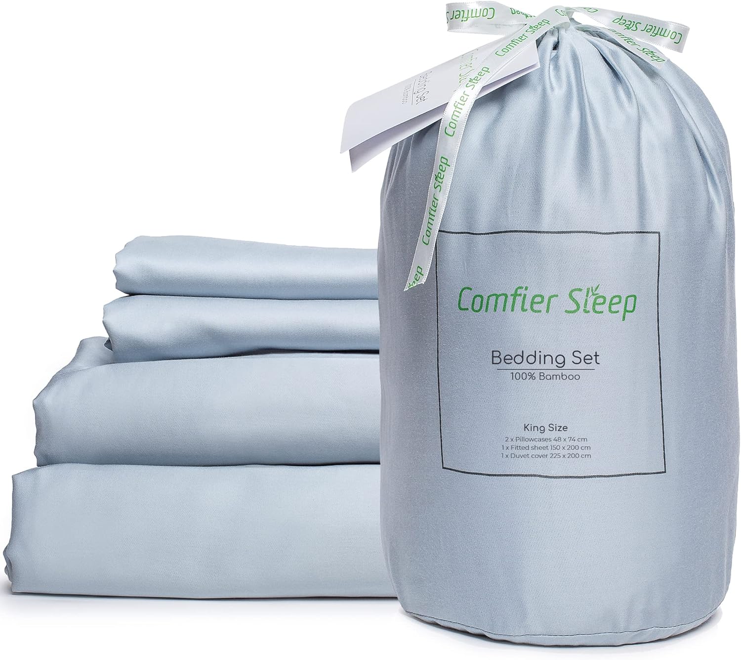 Comfier Sleep Bamboo Bedding – 4 Piece Organic Bamboo Sheets with Fitted Sheet 150x200cm Duvet Cover 225x200cm and 2 Pillowcases – Soft Breathable Grey Bedding King Size - Amazon product rated Grade B