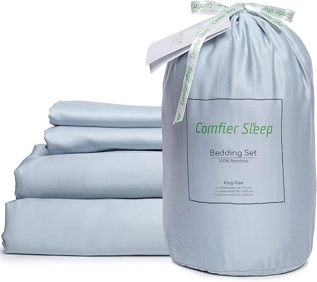 Comfier Sleep 100% Bamboo Bedding Set King Size 100% Organic Including Bamboo Fitted Sheet 150x200cm Bamboo Pillow Cases 48x74 cm and Duvet Cover 225x220 cm Ultra Soft Grey Bedding