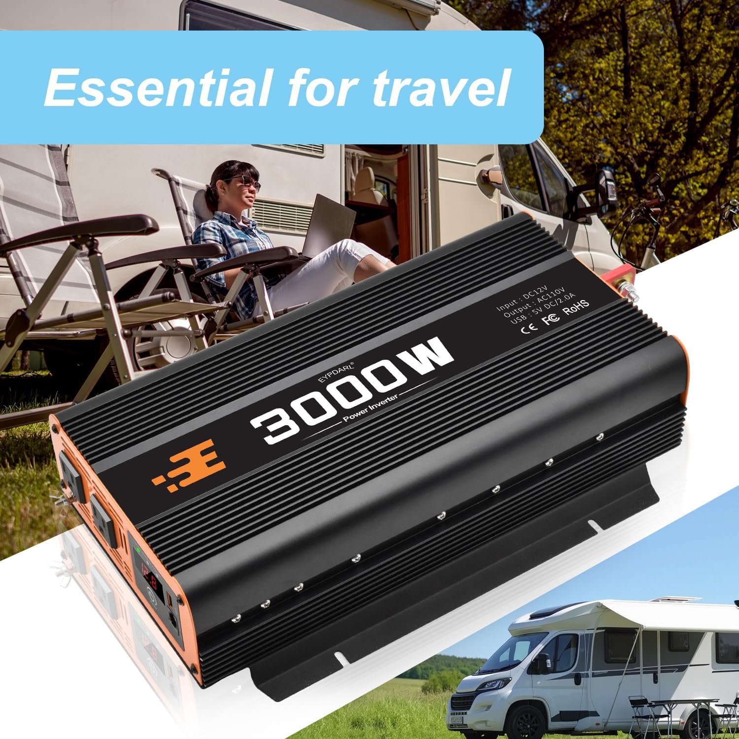 3000 watt car Power Inverter with Remote Controller, 12v dc to 110v ac Modified Wave Power inverters for Vehicles, Ideal for Home, Emergency, Camping, rv, Truck, and Travel Inverter 3000w