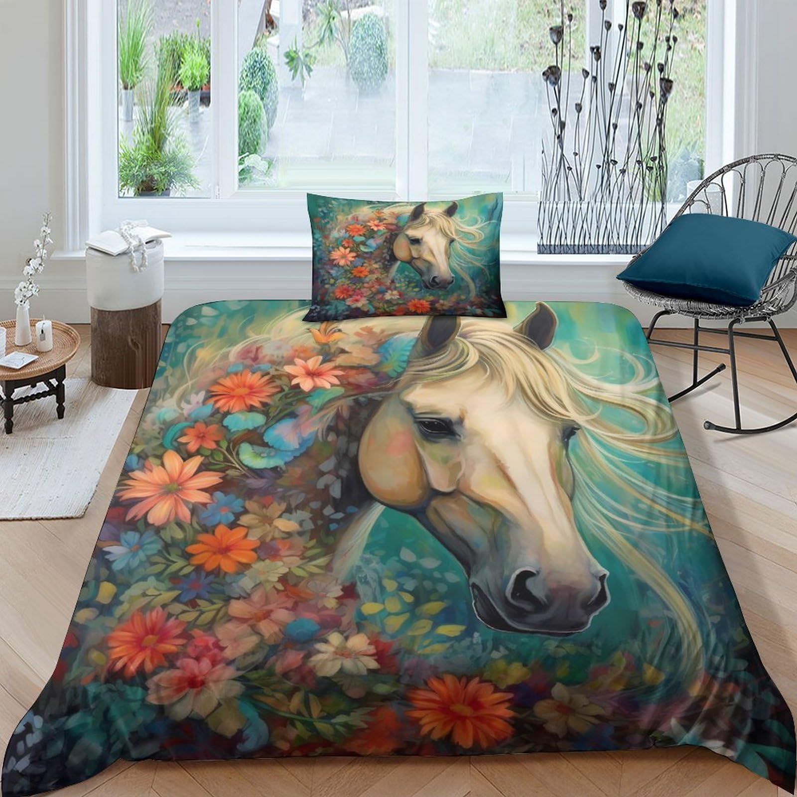 Housse de couette fleurs et chevaux lit 1 personne avec taies