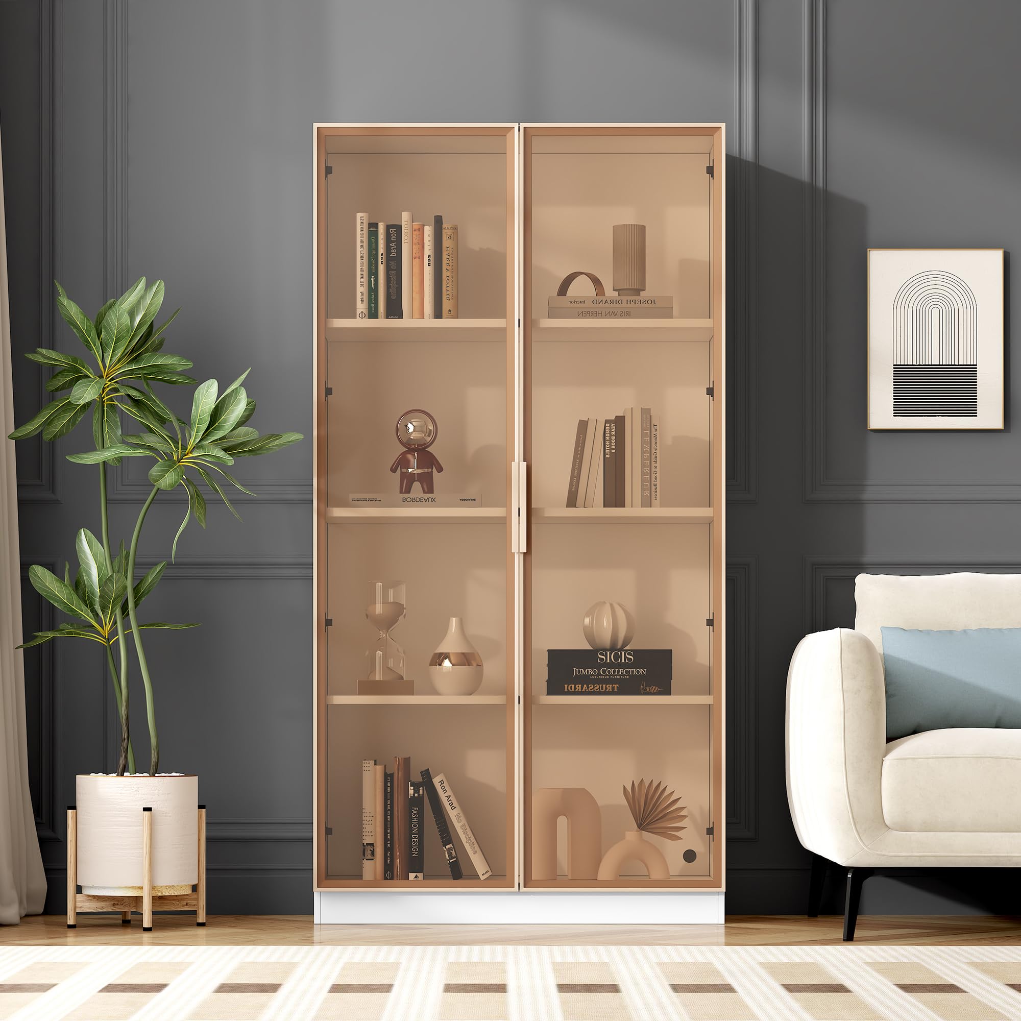 Rtopsu Vetrina Espositiva in Vetro Bianco con Illuminazione a LED a 16 Colori per Collezionismo, Vetrina con 2 Ante e Ripiani Mobili, Libreria Armadio Alto per Soggiorno Camera da Letto, 160x80x40 cm