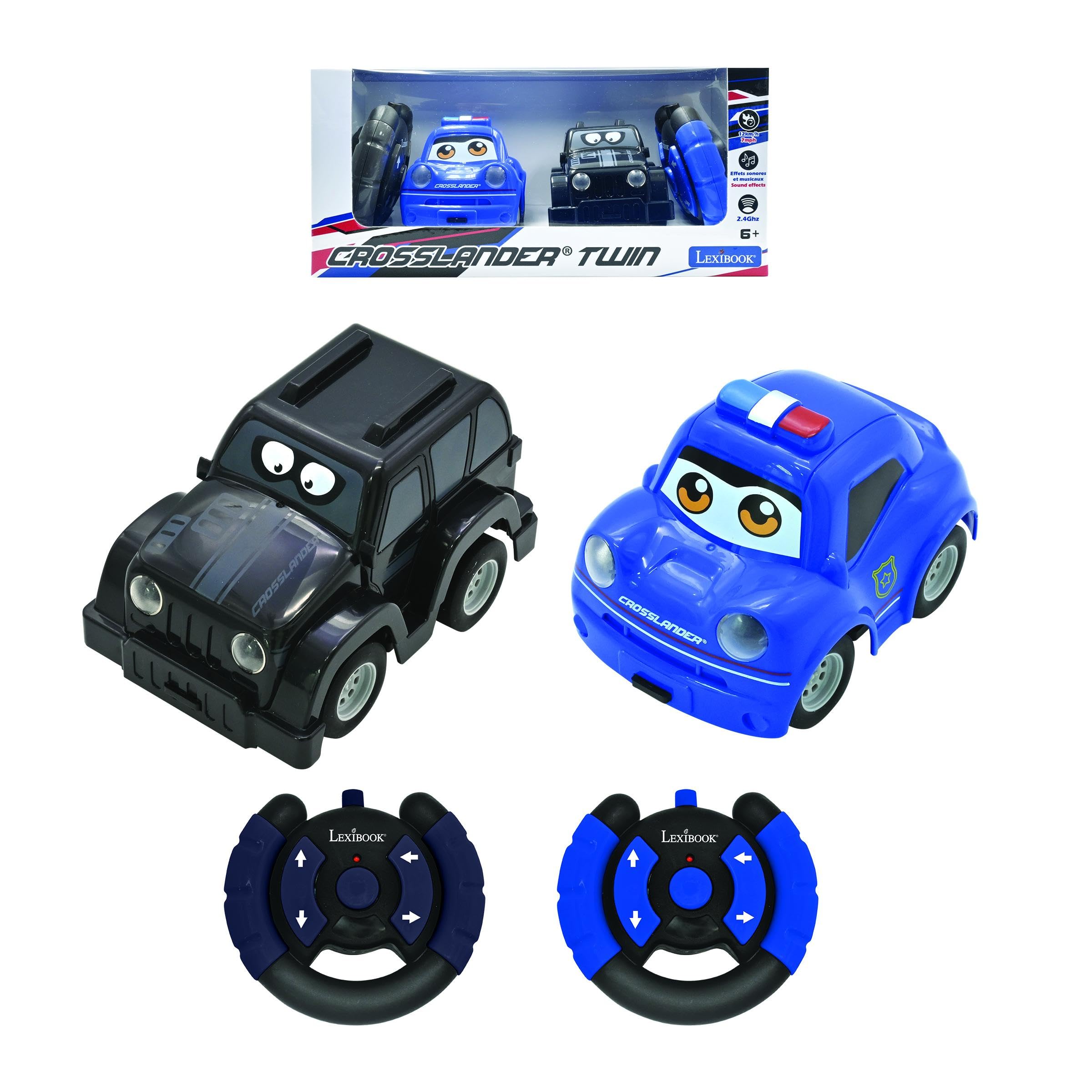LEXIBOOK, Crosslander® Twin, Set of 2 Radio-controlled cars (Police car, Thief's car), up to 12km/h, sound and light effects, 2 remote controls, Black/blue, RC12LXB