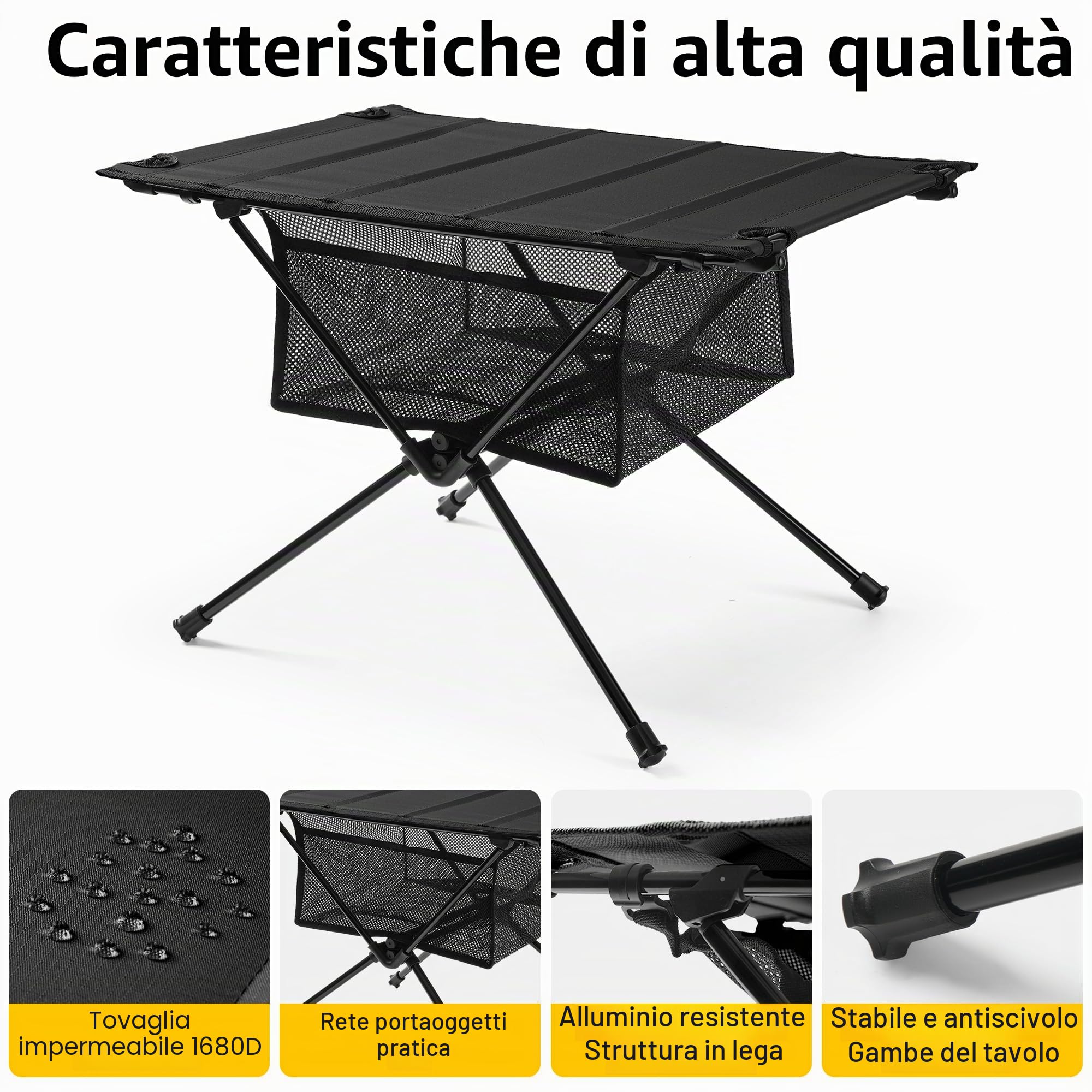 Tavolo Campeggio - Tavolo da Campeggio Pieghevole con Rete di Stoccaggio & Borsa di Trasporto | Piccolo & Ultra-Leggero (60 x 40 x 39,5 cm) | Ideale per Esterno, Barbecue, Pesca & Escursionismo