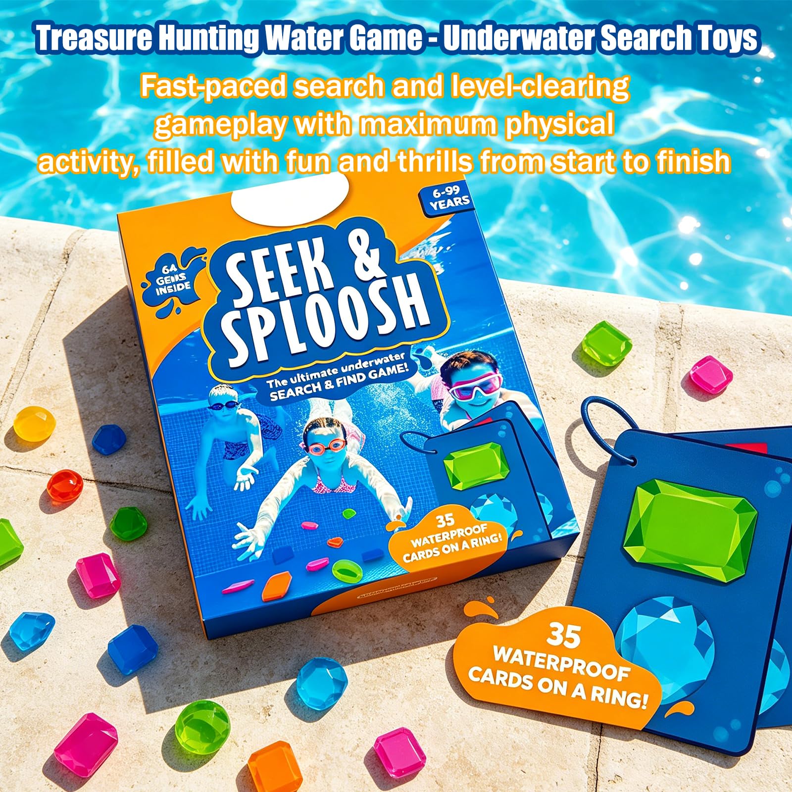 Sommer Wasserspielzeug, Pool Spielzeug für Kinder, Unterwasser Suchspiel mit 64 Edelsteinen & 35 Wasserdichten Karten, Tauchspielzeugfür Kinder, Poolspielzeug Set，3