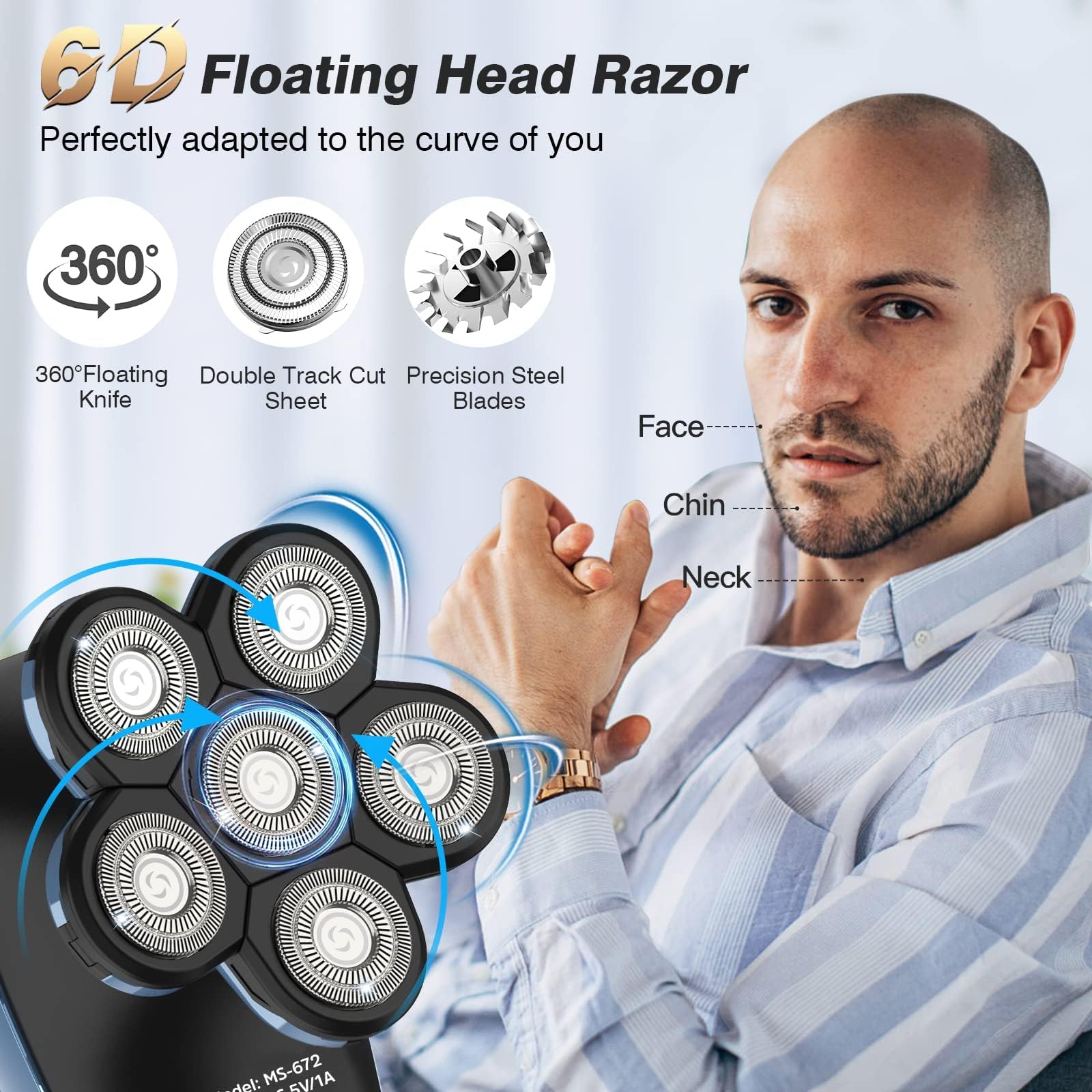 Rasoio Elettrico Barba, 6 IN 1 Testine Rotanti Rasoio Testa Calva IPX7 Impermeabile Tagliacapelli Uomo Wet & Dry USB Ricaricabile 100% Lavabile Tagliacapelli Professionale Regolabarba Senza Fili