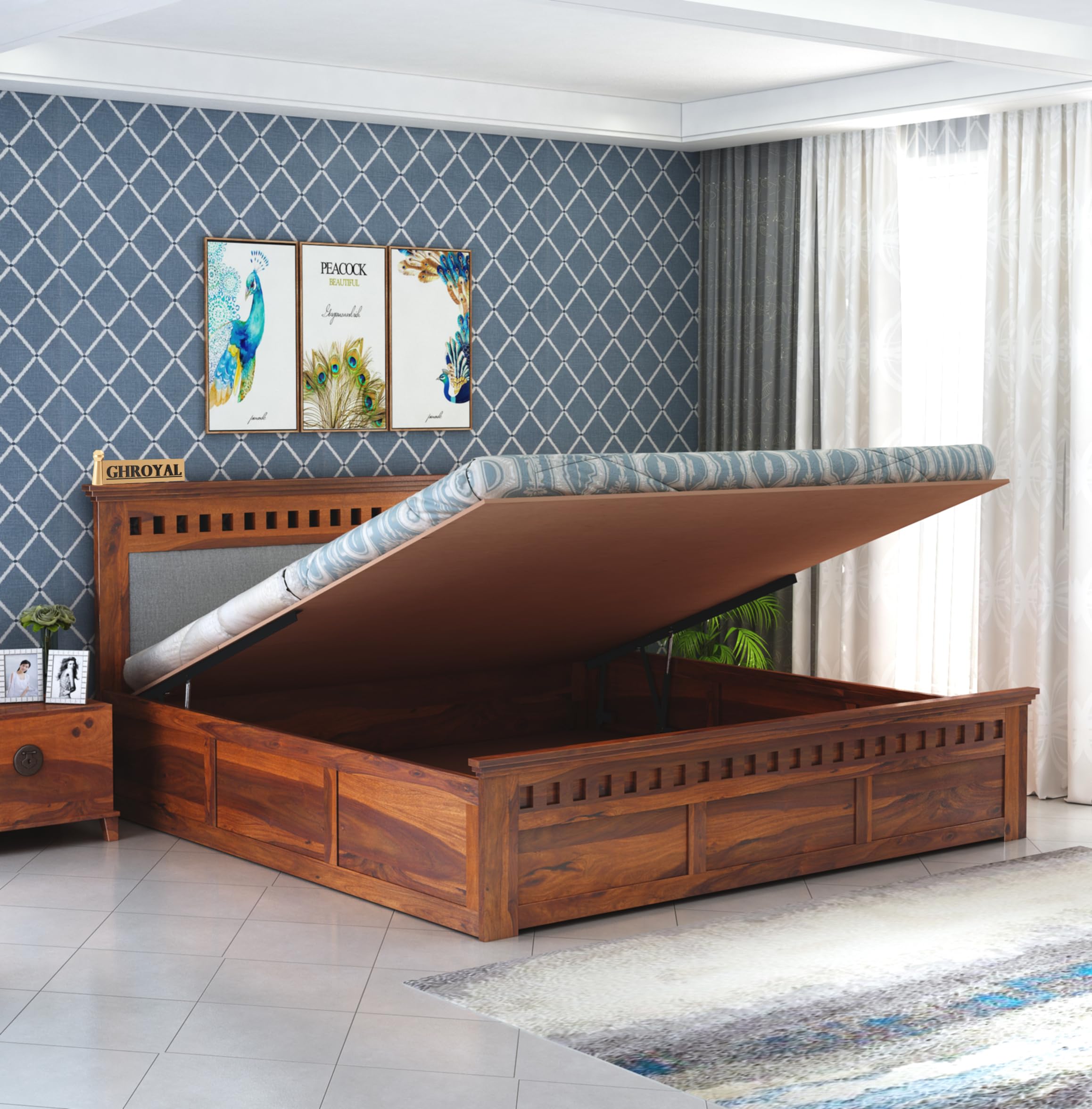 GHROYAL Sheesham Wood King Size Kuber Bed with Hydraulic Storage | 1 Year Warranty | Wooden Double Bed Cot Palang for Bedroom Living Room Home and Hotels (Grey and Honey)
