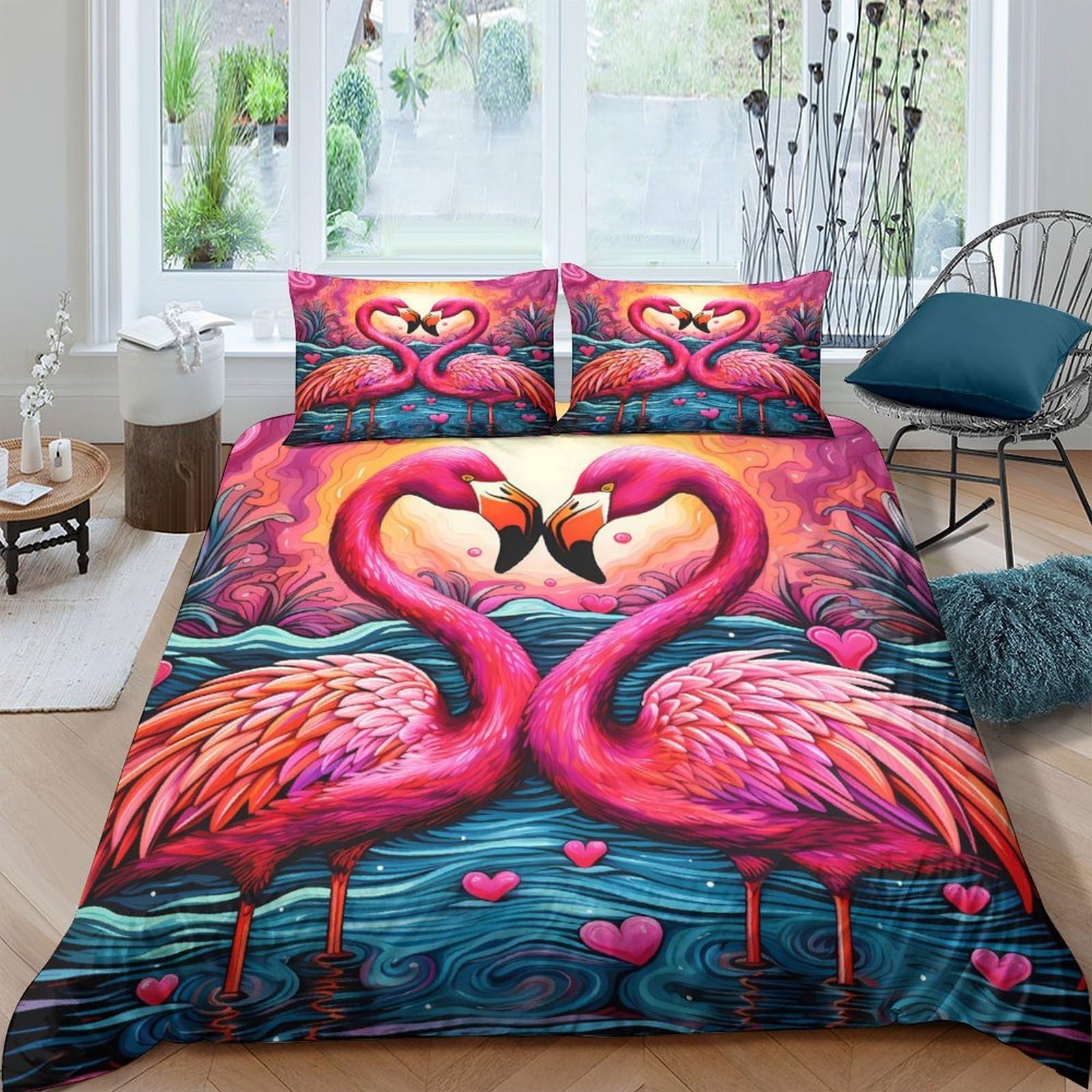 Ctjqhvkz Style-2 3D Printed Pink Flamingo Fitted Sheet Microfiber Soft Bedroom Decor Heart Sunset Mattress Cover For Home Dorm Single（135X200cm）