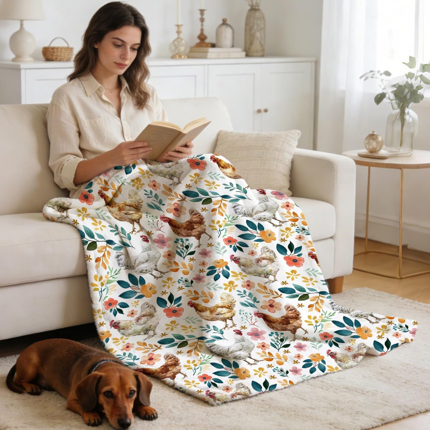 Chicken Blanket for Farmer Lover, Floral Chicken Gifts for Women, Ultra-Soft Rooster Hen Throw Blanket for Couch Bed Living Room, Farmhouse Decor Farm Chicken Lovers Gifts, 40"x50"-Kids/Throw Size - Image 2