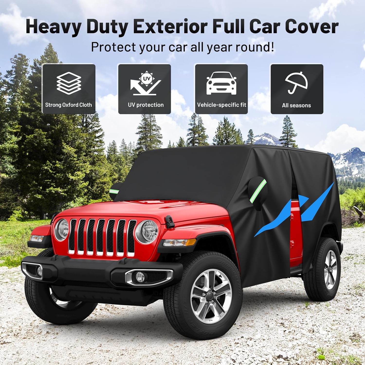 Cartist 420d Car Cover Fits for Jeep Wrangler JK JL 4 Door 2007-2025 2026, All Weather Car Covers for Wrangler Accessories, Outdoor Waterproof UV Protection, with Zipper & Reflective Safety Strips
