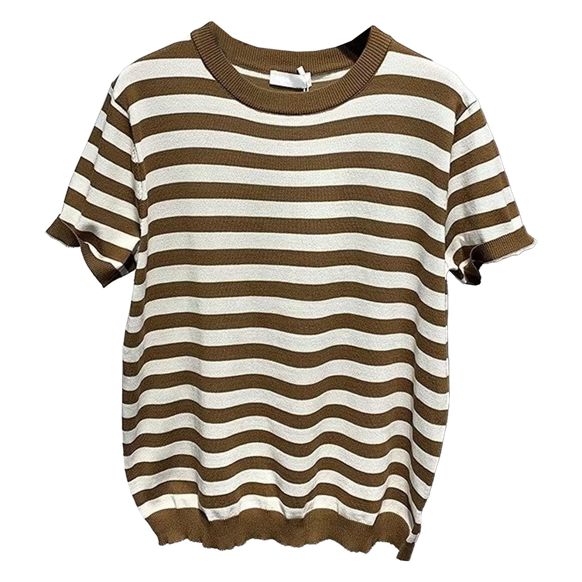 Men Lightweight Navy Strip T Shirt Thin Trendy Round Collar Sailor Shirts Summer Casual Knitted Pullover Tops (Coffee,X-Large)