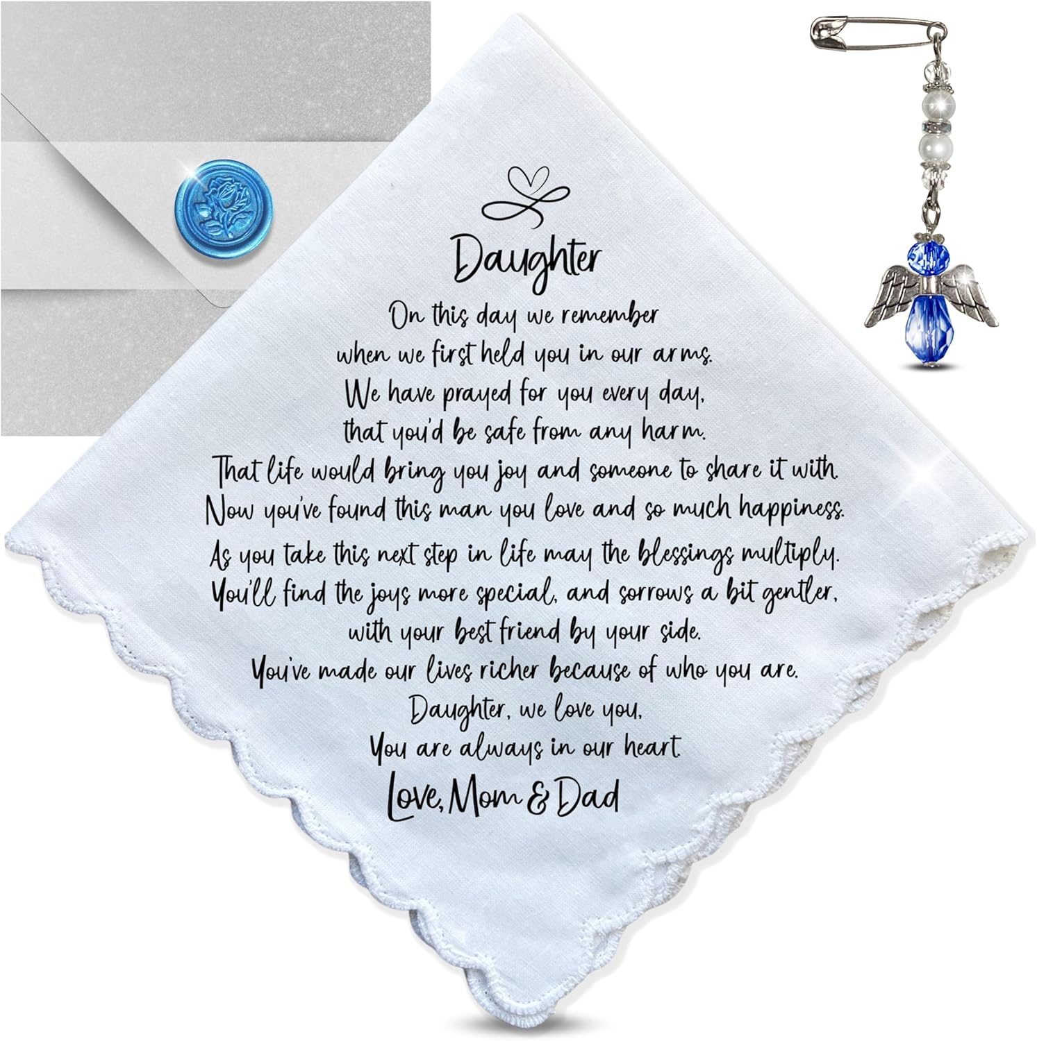 Bride Handkerchief From Mom and Dad Wedding Day Poem | Something Blue Angel Charm & Gift Card Love Parents Mother and Father