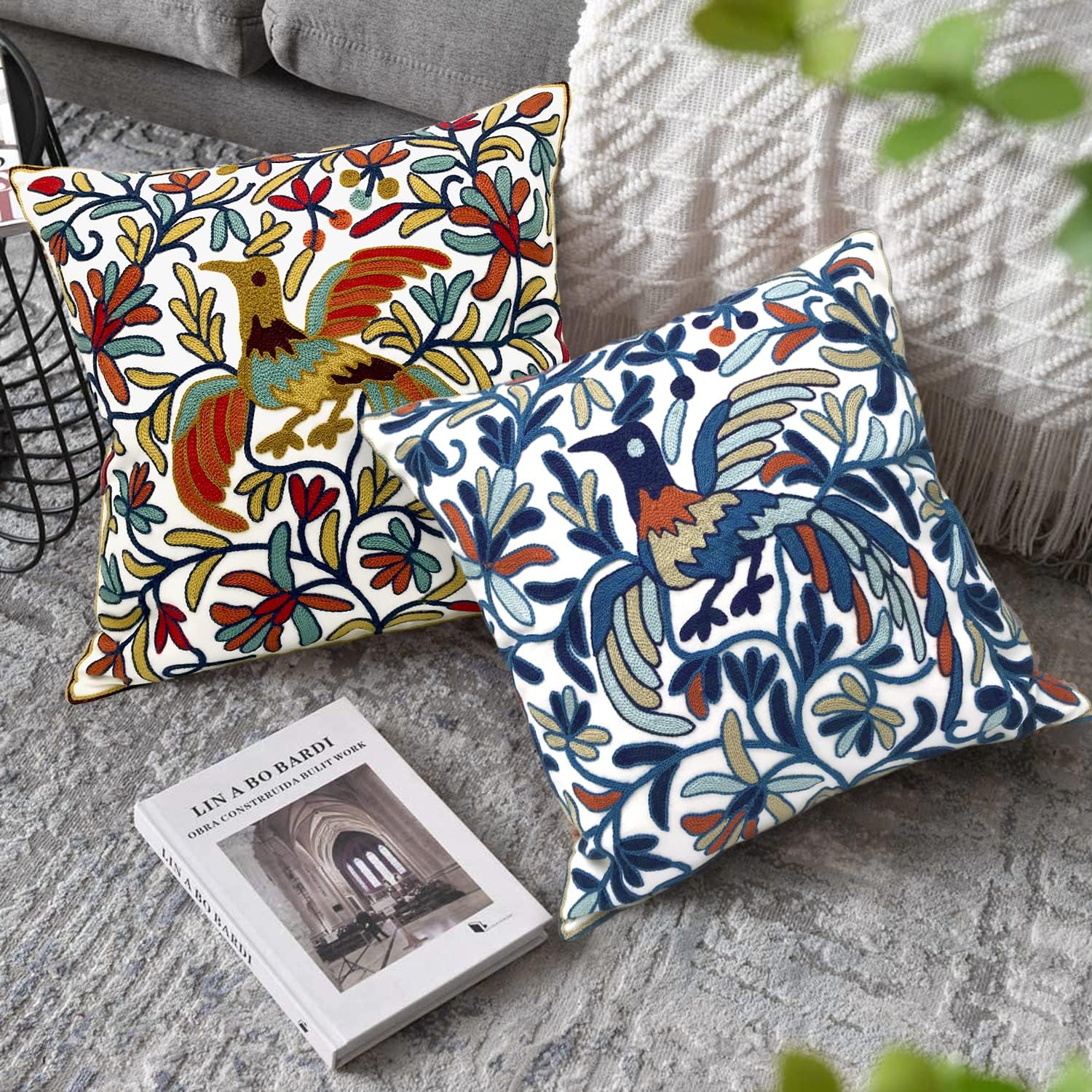 Alysheer Embroidered Summer Decorative Throw Pillow Cover 18"x 18" Set of 2, Boho Orange Bird Embroidery Patterned Cotton Cushion Case for Sofa Couch Living Room Bedroom Outdoor