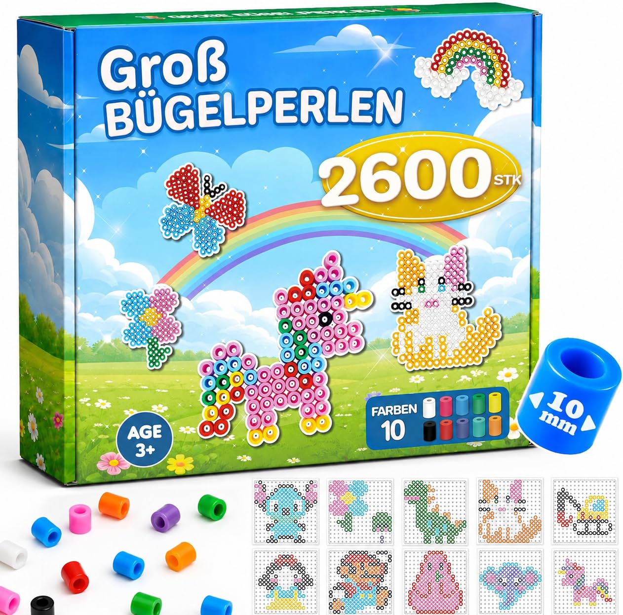 Bügelperlen Groß Nachfüllset 2600 Stück, 10mm XL Große Bügelperlen Steckperlen Set für Kinder ab 3 Jahre, Geeignet für DIY-Aktivitäten zu Hause, Kindergarten und Schulbastelaktivitäten