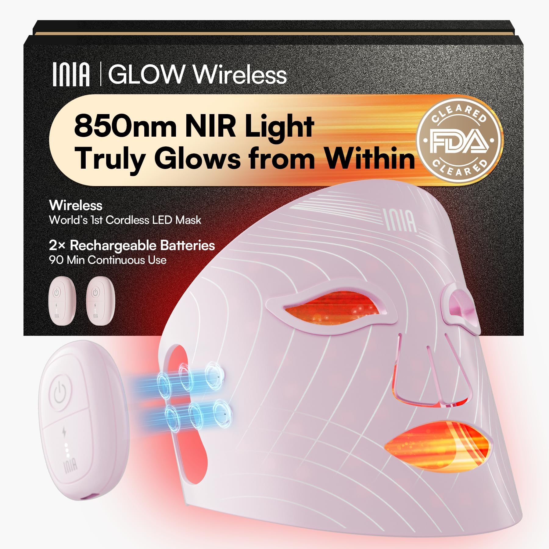 Glow Wireless LED Face Mask, FDA Approved Red Light Therapy Mask with Near-Infrared Red Light (NIR), Rechargeable and Ergonomic Design for Home & Travel, Pink