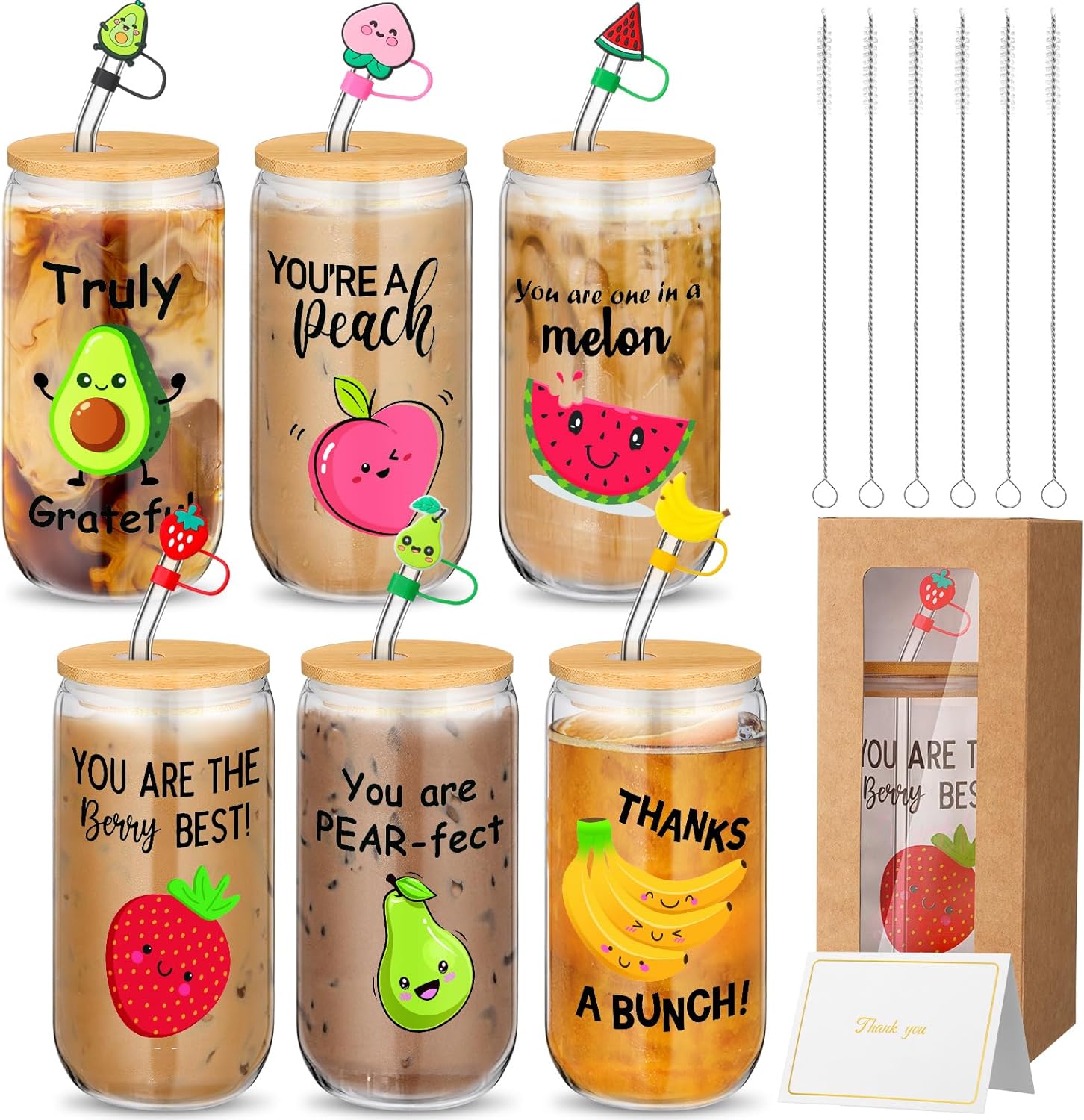 6 Sets Employee Appreciation Gifts Graduation Gift Bulk Fruit Glass Cups with Lids Straws Cleaning Brushes 16 oz Fruit Reusable Tumbler Inspirational Present for Coworker Staff Teacher Women