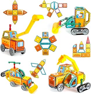 98 PCS Magnetic STEM Building Blocks for Kids Ages 4-8, Educational Magnetic Shapes Building Set Construction Vehicle Truck Magnetic Tiles with Excavator Bulldozer for STEM Building Toys