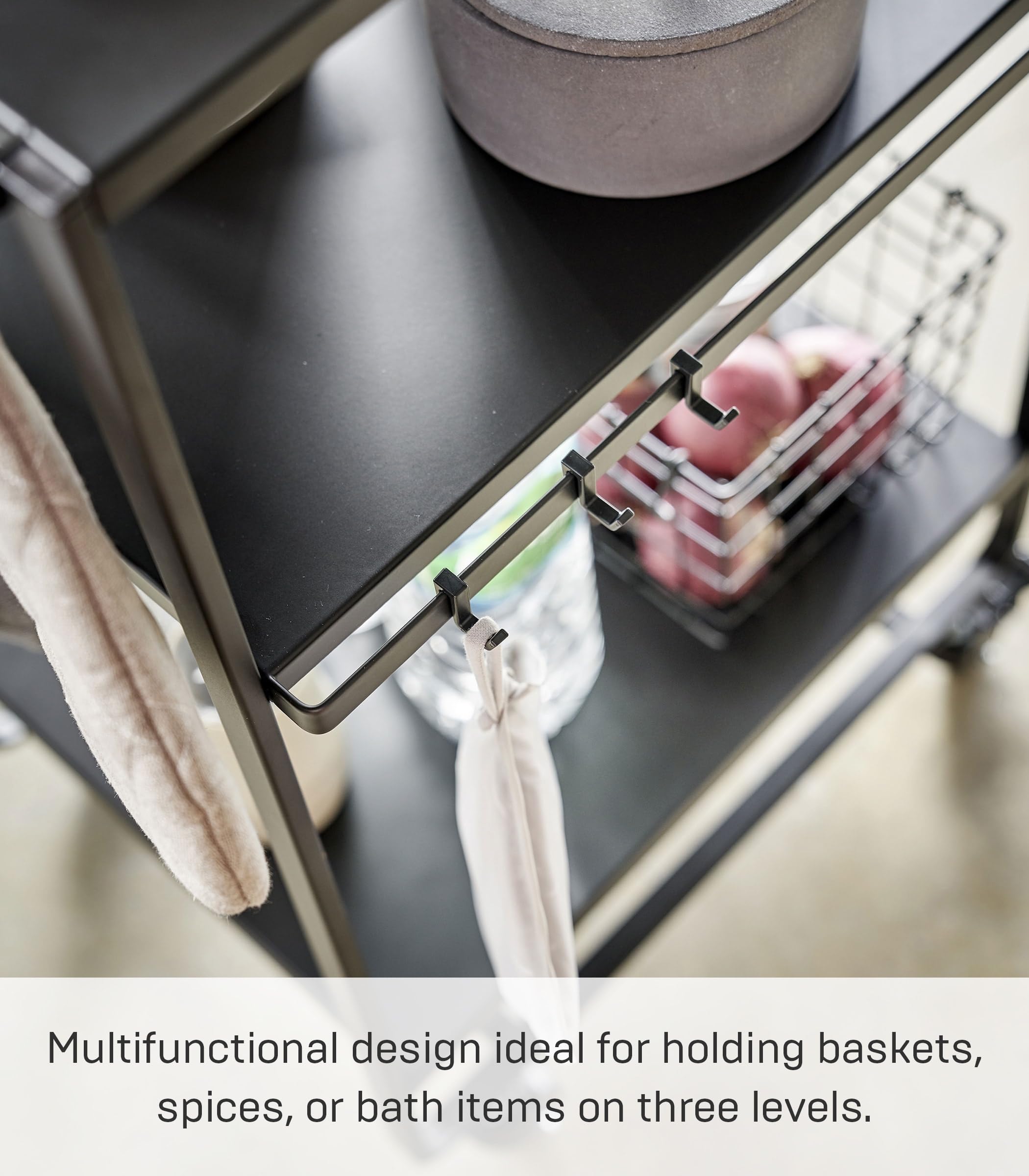 YAMAZAKI home Three-Tier tekerlekli servis arabası mutfak arabası, çelik, siyah, tek boy