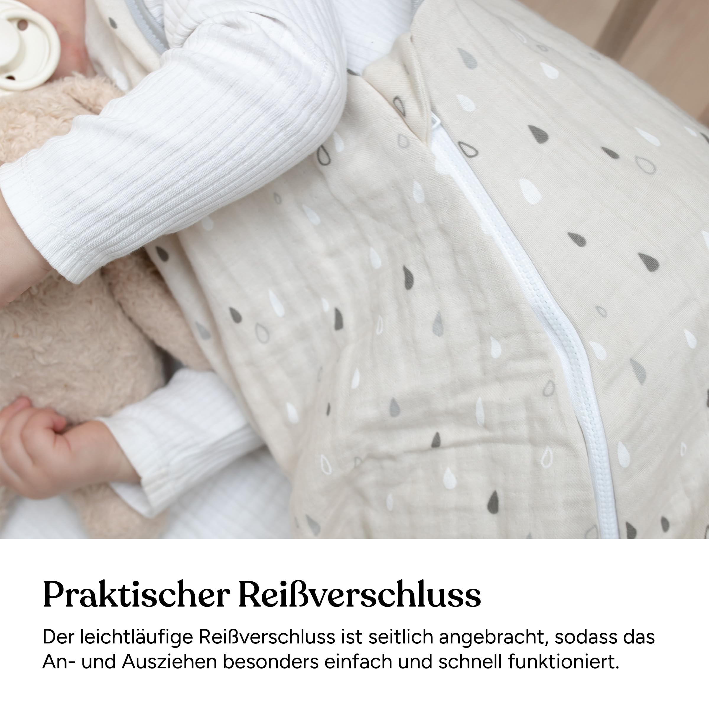 Ehrenkind® Baby Sommerschlafsack Rund Musselin | aus weicher OEKO-TEX zertifizierter Bio-Baumwolle | Sommer Baby Schlafsack Baby 1 TOG Gr. 50/56 Natur-Graue Tropfen