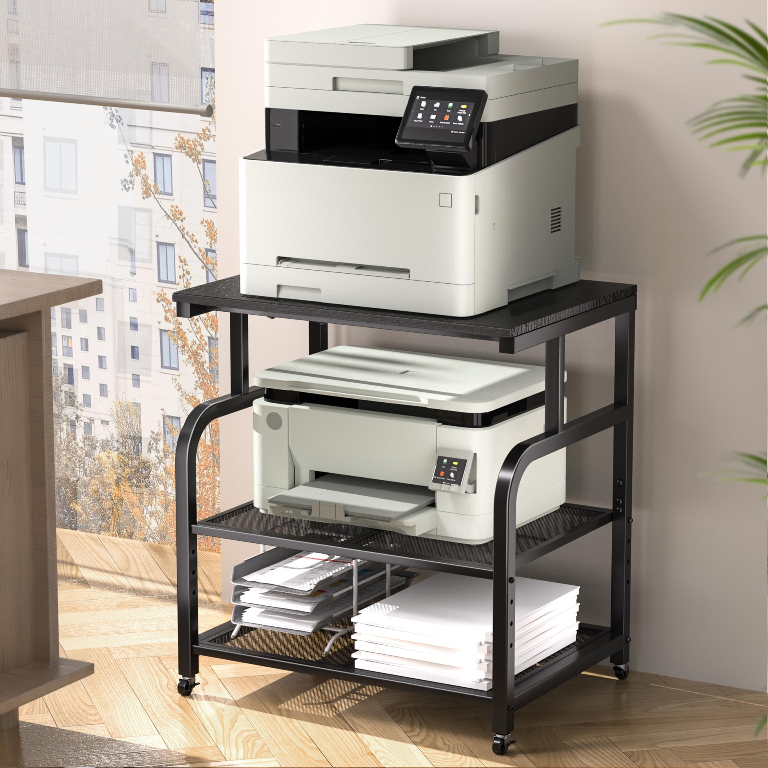 niffgaff Mobile Printer Stand with Large Desktop - 3 Tier Shelf, 24.4 Inch Height, Wooden Organizer for Home&amp;Office, Black