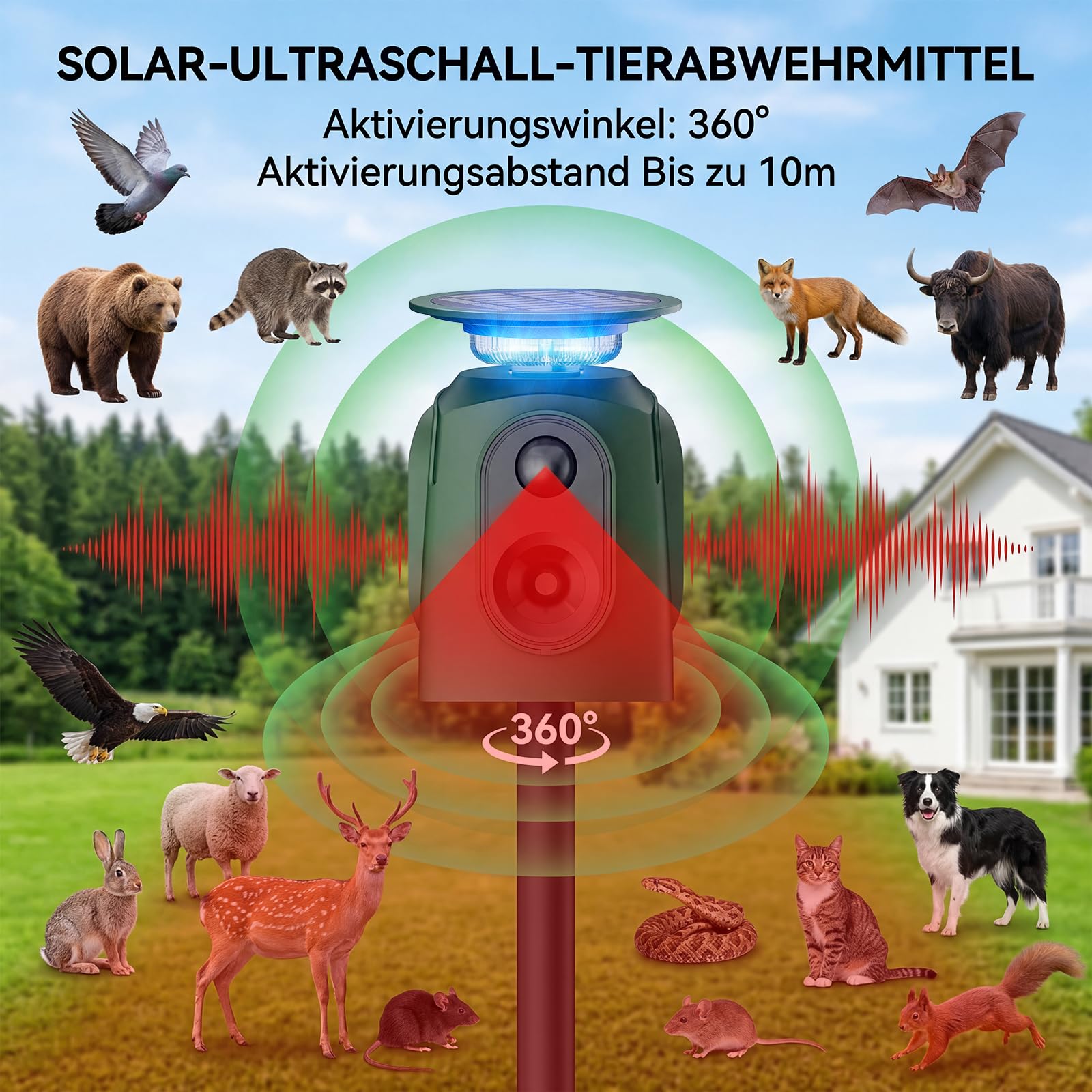 Katzenschreck, katzenschreck für Garten 360° Marderschreck mit LED-Licht, Katzenabwehr Marderabwehr Garten IP65 Wasserdicht 5 Modus Waschbär Abwehr für Hunden vertreiben