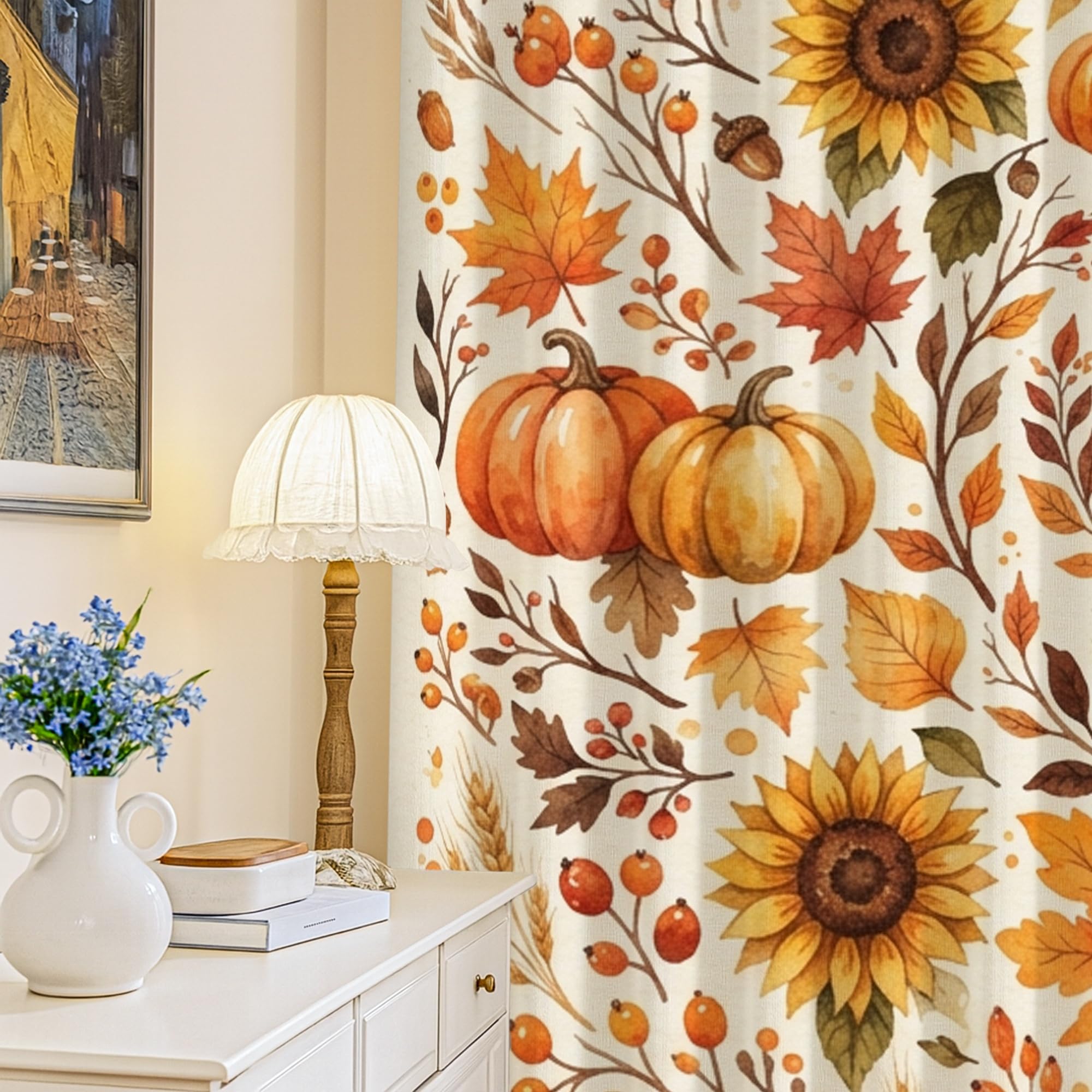 Rideaux occultants salon isolants à motif feuilles et citrouilles
