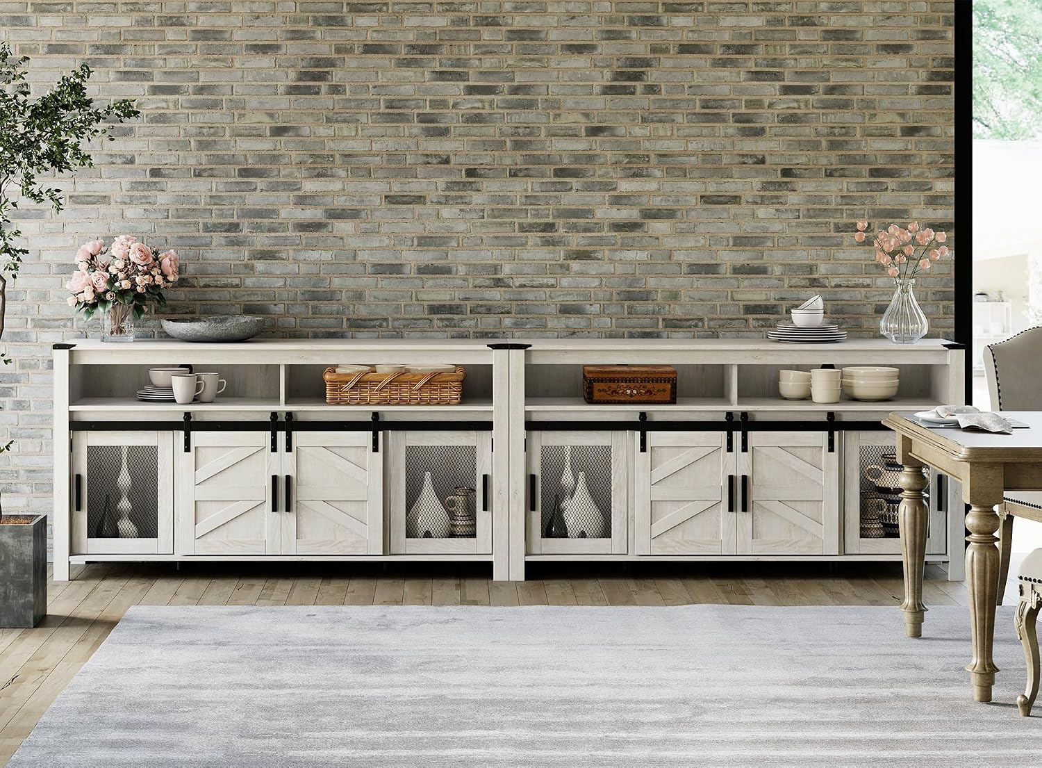 WAMPAT Set of 2 Farmhouse Buffet Cabinets, Rustic Sideboard with Sliding Barn Doors, 118" Coffee Bar Storage Cabinet with Mesh Doors, Cupboard Table for Kitchen, Dining Room，Antique White