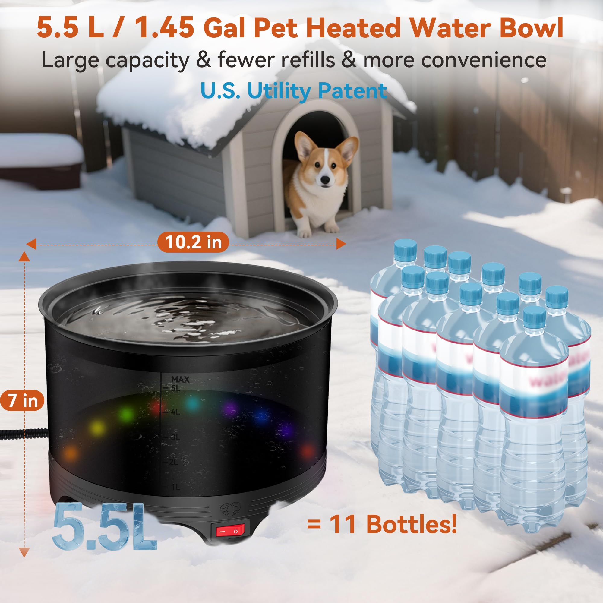 Cuenco de agua caliente de 5.5 L, cuencos grandes de invierno de 1.45 galones para perros para exteriores, cuenco de agua impermeable para mascotas con cable de alimentación resistente a las