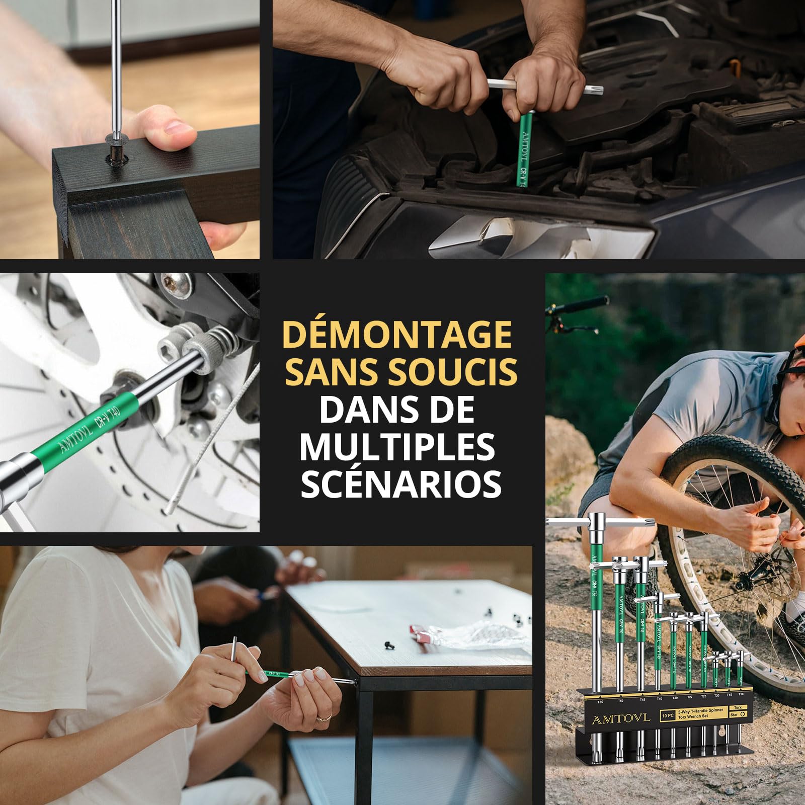 AMTOVL 10PCS Clés Torx à Poignée en T avec Rack de Stockage T10-T55 Jeu de Clés à Poignée en T Rotation Rapide Outil de Tournevis Matériau CRV Chromé - Vert