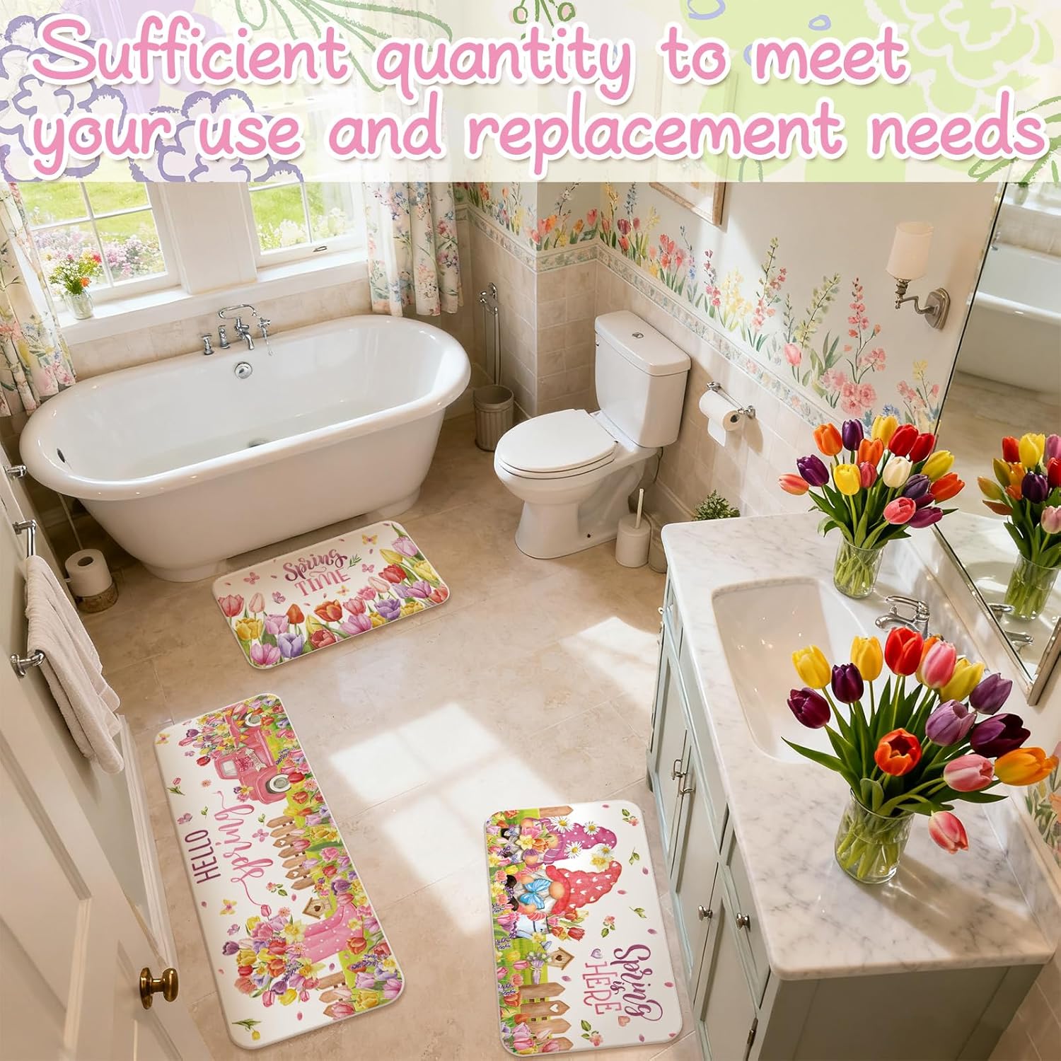 Drydiet 3 Pcs Hello Spring Kitchen Rugs and Mats Set Spring Floral Non Slip Rug Tulips Waterproof Floor Mat Runner Rug for Kitchen Door Home Party Decor, 17 x 29 and 17 x 47 Inch