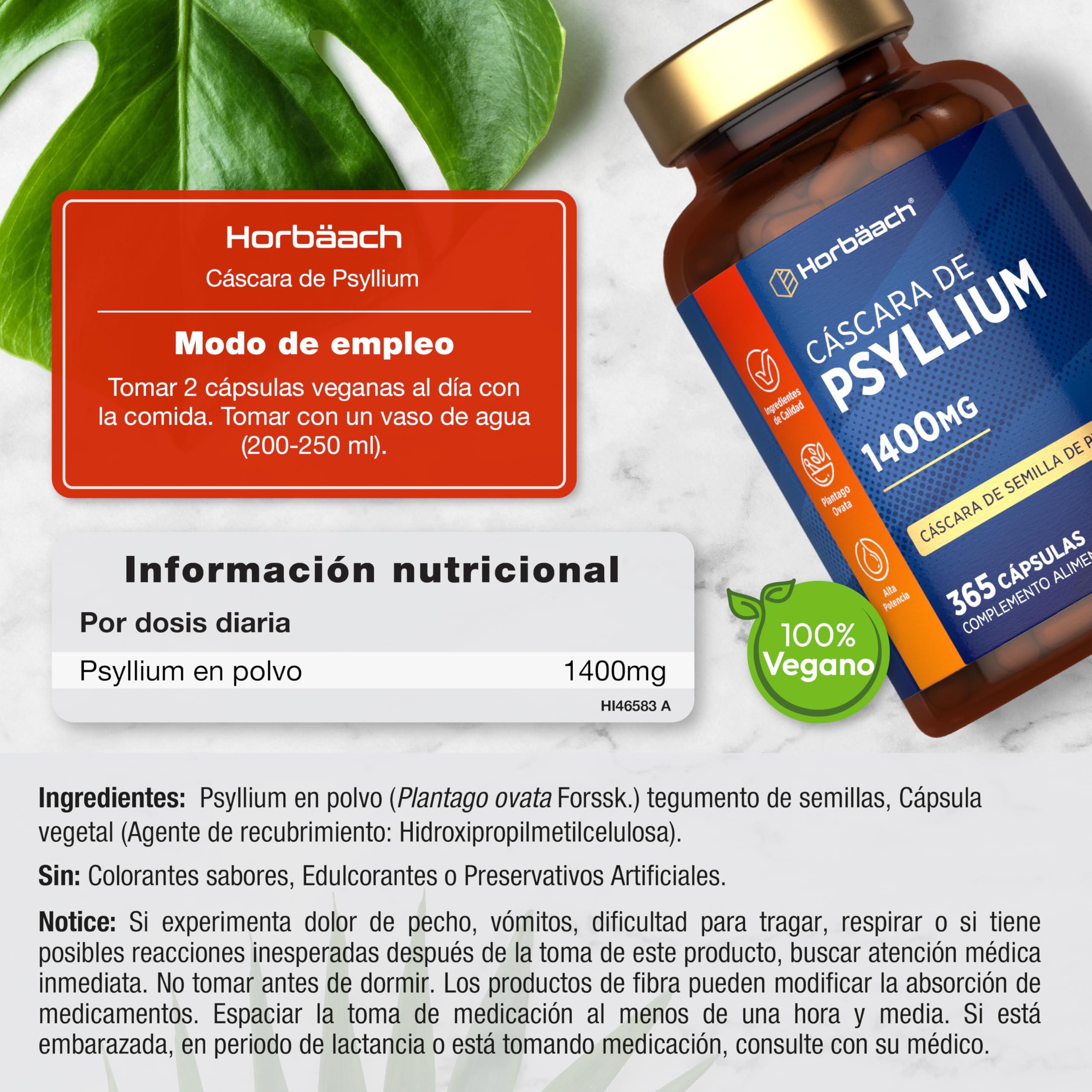 Psyllium Husk 1400 mg | 6 Meses de Suministro - 365 Cápsulas Veganas | Cáscara de Psyllium | Fibra de Psilio | Suplemento Fuente de fibra | Prebiótico Natural | Horbaach