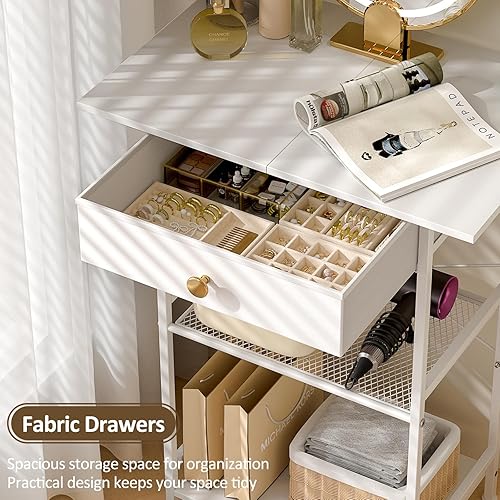 Miniatura 6 de Escritorio pequeño sin espejo, mesa de tocador de maquillaje para espacios pequeños, tocador blanco compacto con cajones de tela, tocador de