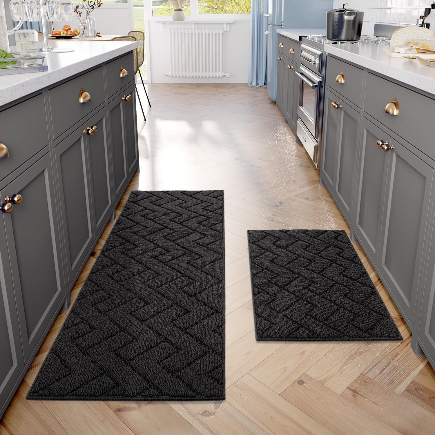 hicorfe Kitchen Rugs and Mats Sets,2 Pieces Super Absorbent Polypropylene Non-Slip Rug,Soft Comfort Floor Mat,Machine Wash for Kitchen,Hallway,Office,